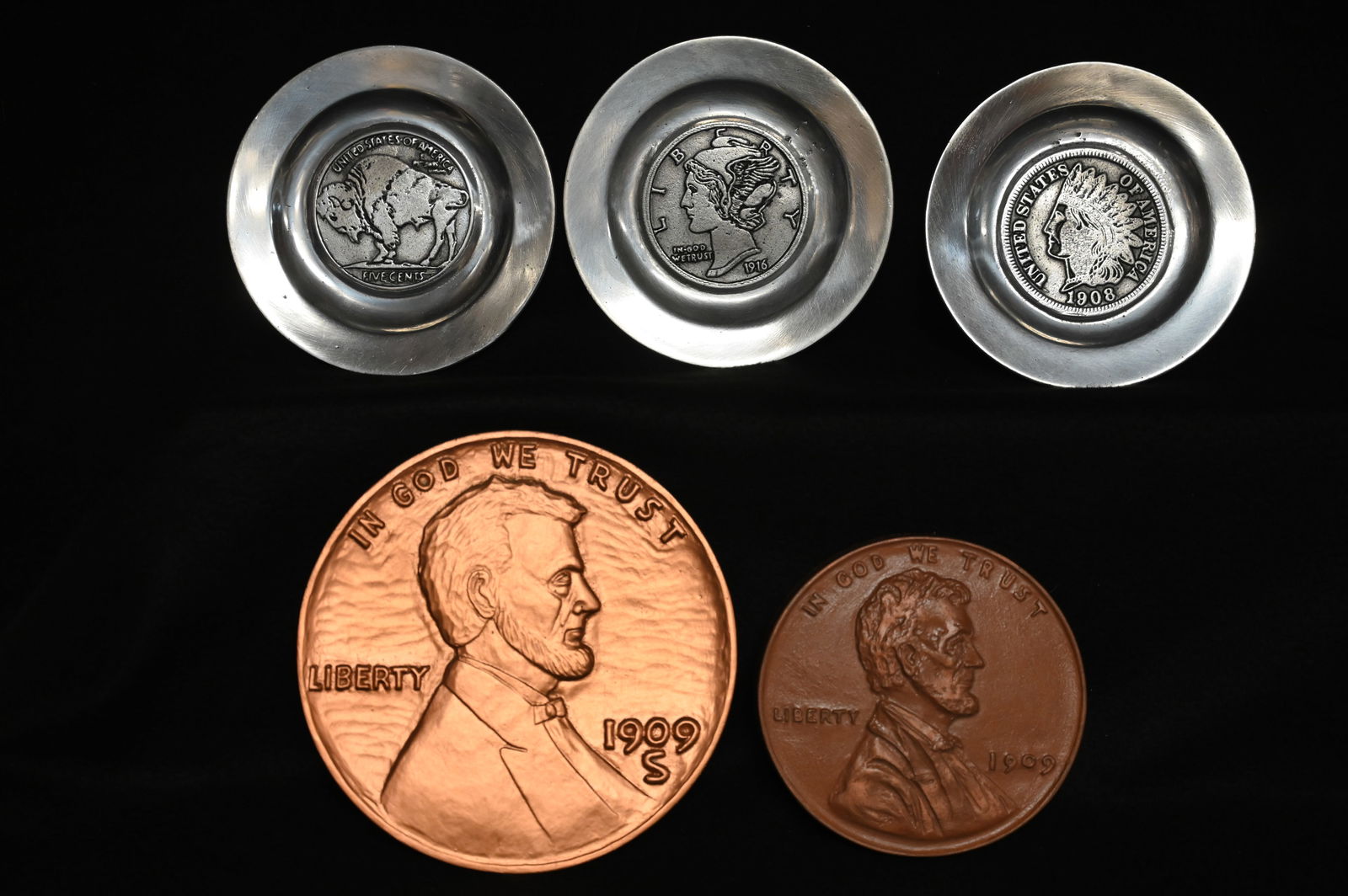 3 Vintage Coin Ashtrays and 2 Coin Paper Weights.  1909 Pennies, Buffalo Nickels, Mercury Dime, and (1 of 6)