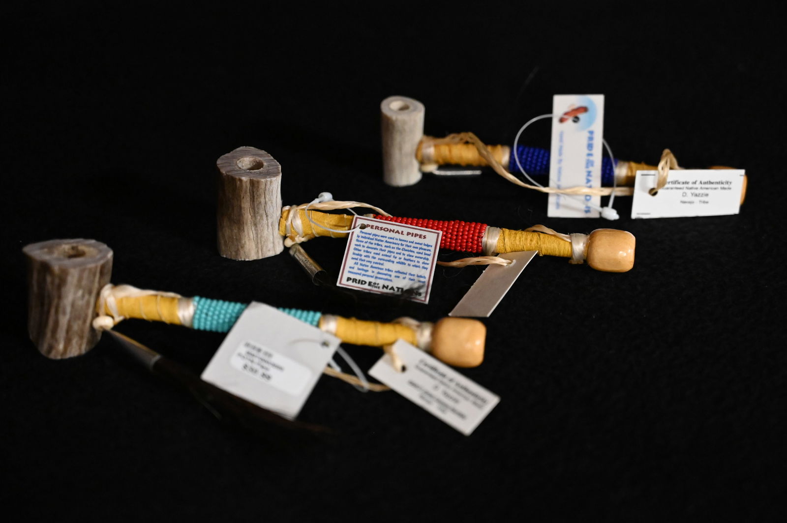 3 Native American Made 6" Pipes with Deer Antler Bowls and Beaded Leather wrapped wood stems Ex: (1 of 6)