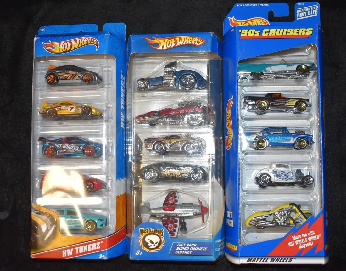 3 Hot Wheels 5 Car Gift Packs 1998 50's Cruisers, 2004 Wastelanders & 2010 HW Tunerz: 3 Hot Wheels 5 Car Gift Packs 1998 50's Cruisers, 2004 Wastelanders & 2010 HW Tunerz