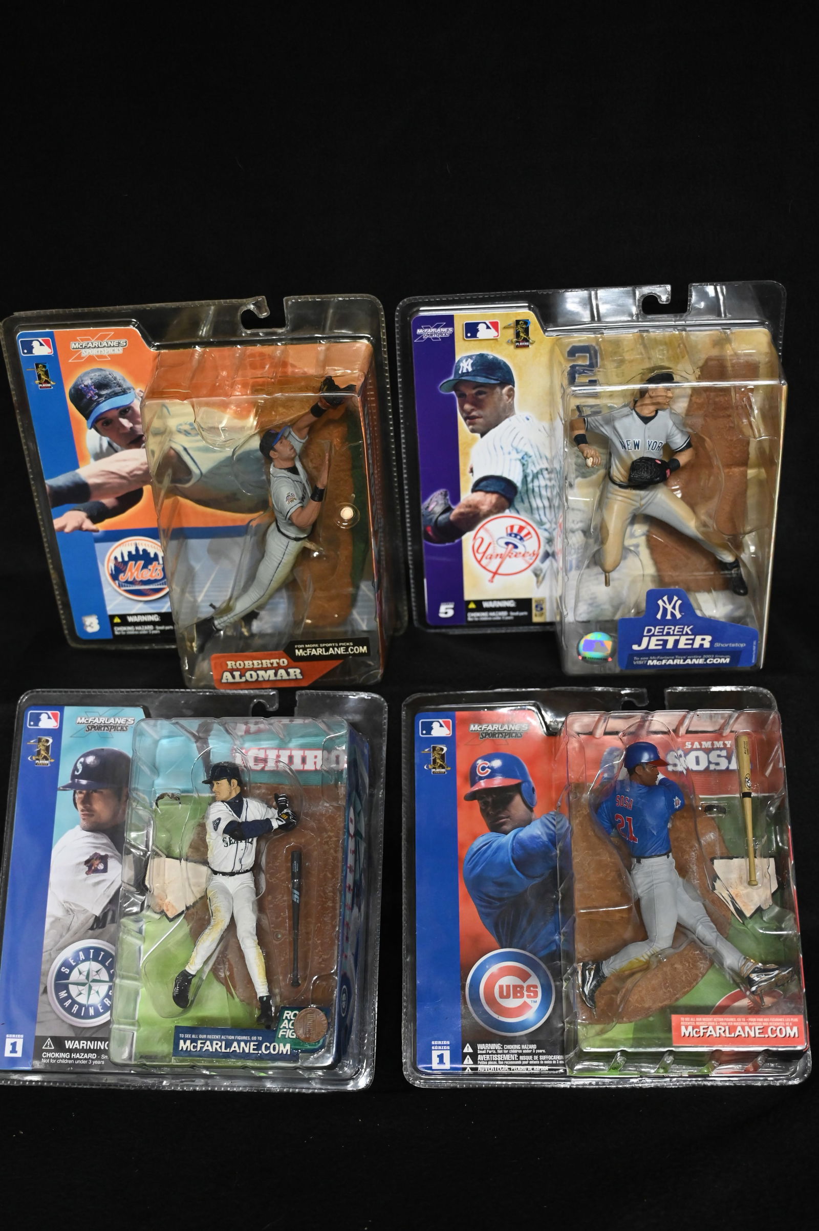 4 McFarlane 2002-2003 MLB Sports Figures Includes Ichiro Suzuki, Roberto Alomar, Derek Jeter, and (1 of 3)