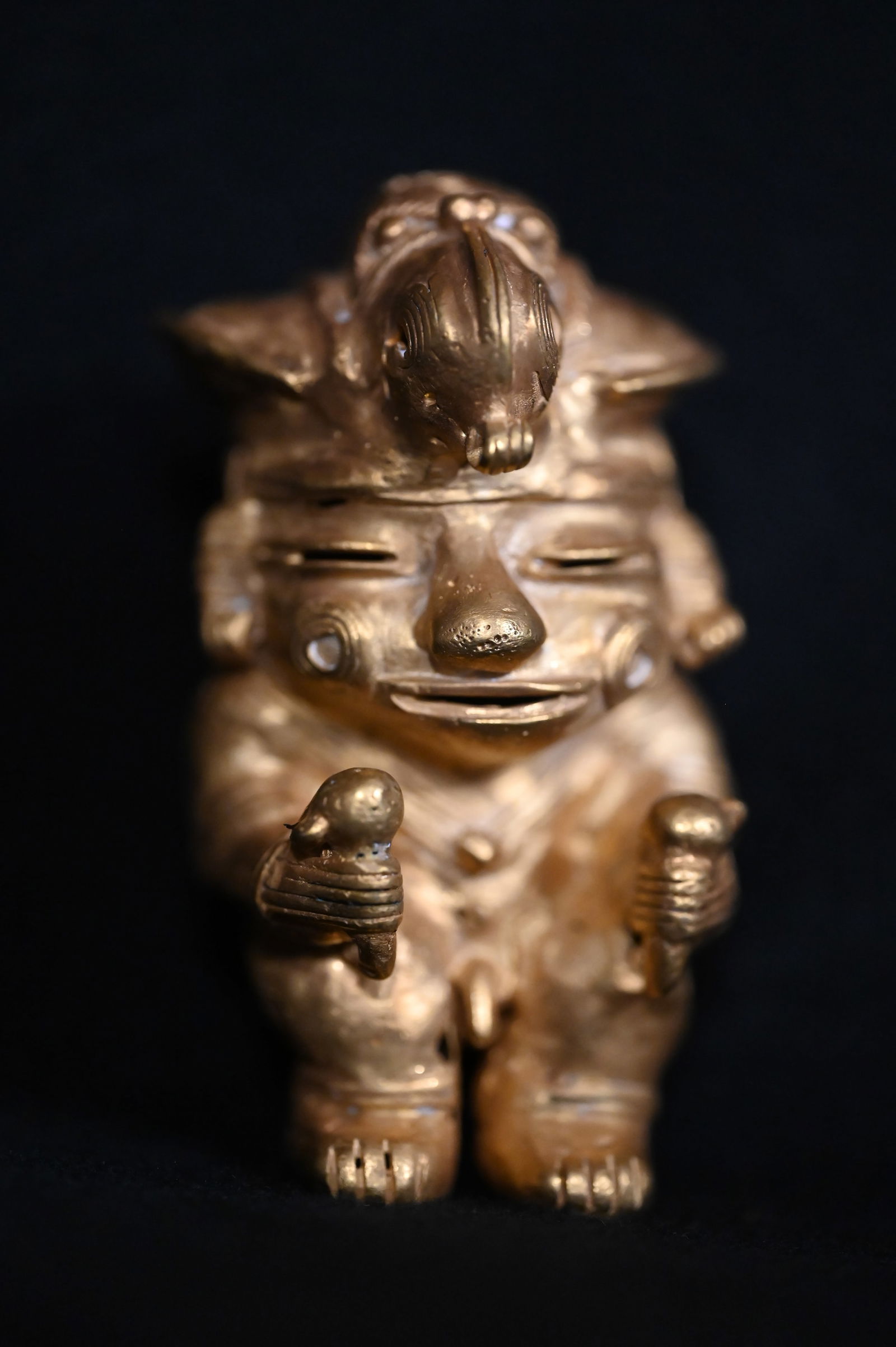 Tumbaga Tairona Male Lord W/Bird hat 3 3/8" Tall Gold Copper Statue (1 of 8)
