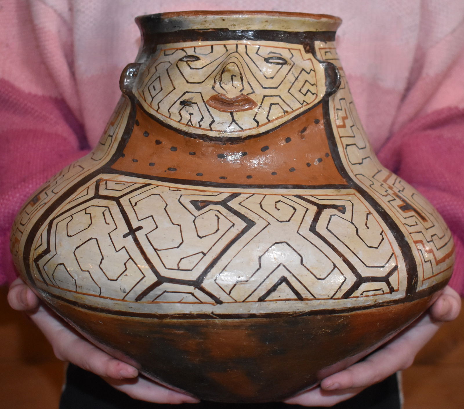 LARGE Hand Painted Shipibo Pottery Face Pot - Circa 1900's (1 of 8)