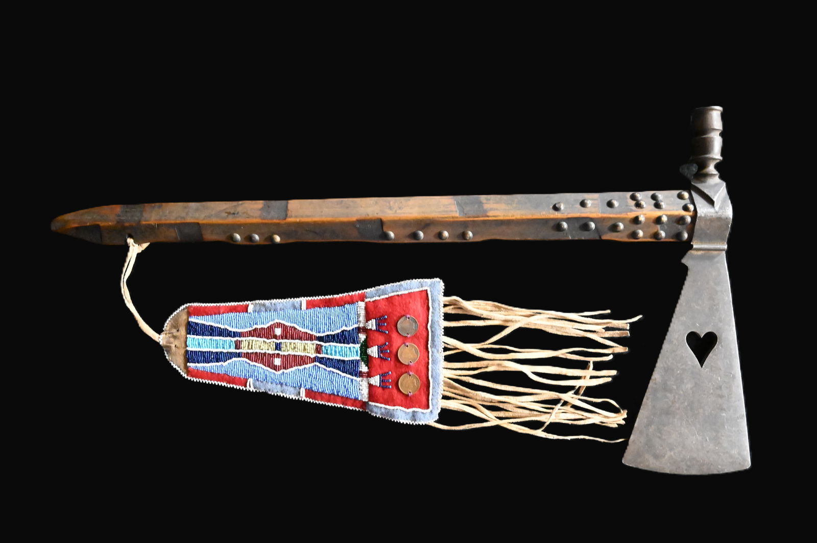 Pipe Tomahawk with Beaded Drop.  Iron axe head with wood handle. Brass tacked with a beaded drop (1 of 14)