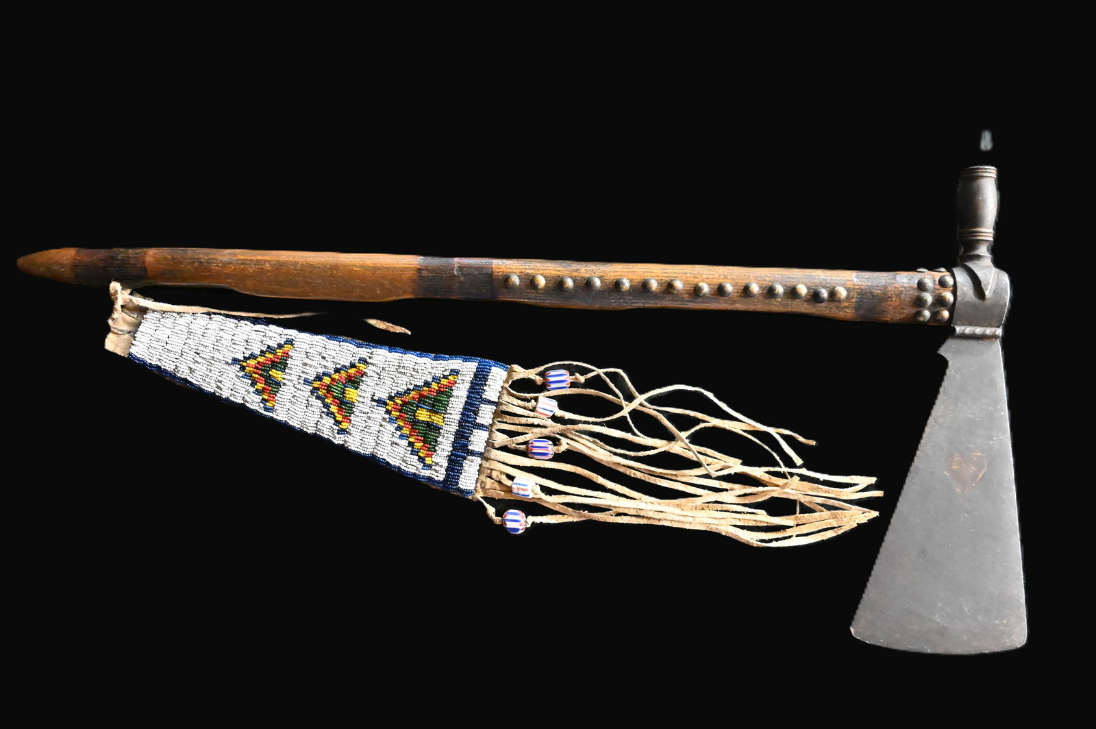 Pipe Tomahawk with Beaded Drop.  Iron axe head with wood handle. Brass tacked with a beaded drop (1 of 13)