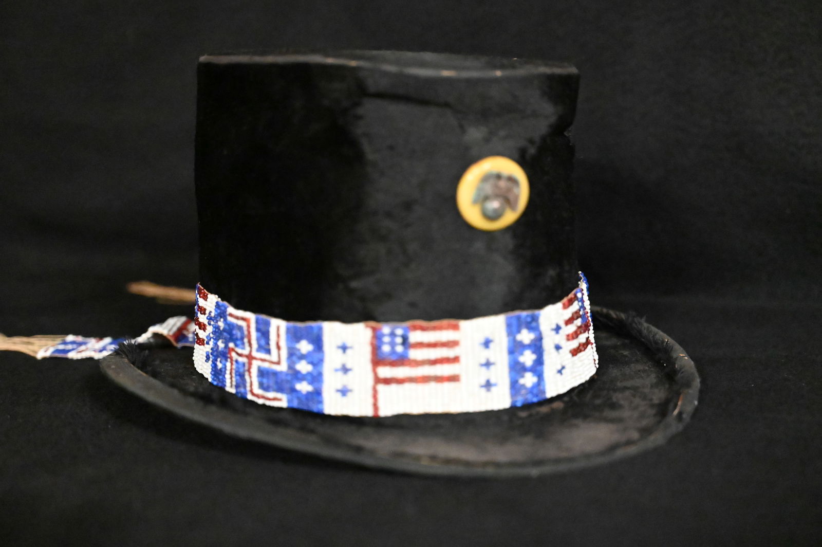 Beaded Top Hat with Eagle Button.  Hat made by  Amos B. Chase of Lynn Mass. Est. 1830. (1 of 7)