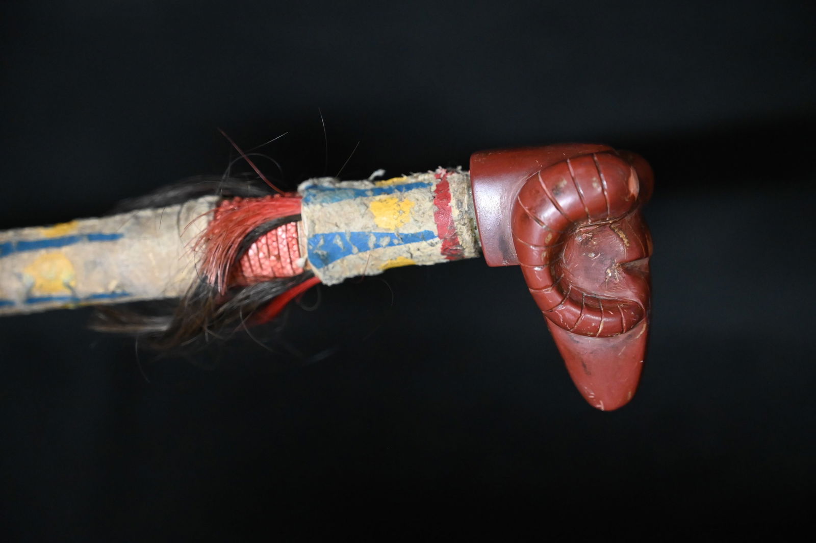 33 1/2" Western Plains Indian Shamans Staff with Catlinite Rams Head. Quilled, Painted Parfleche, (1 of 12)