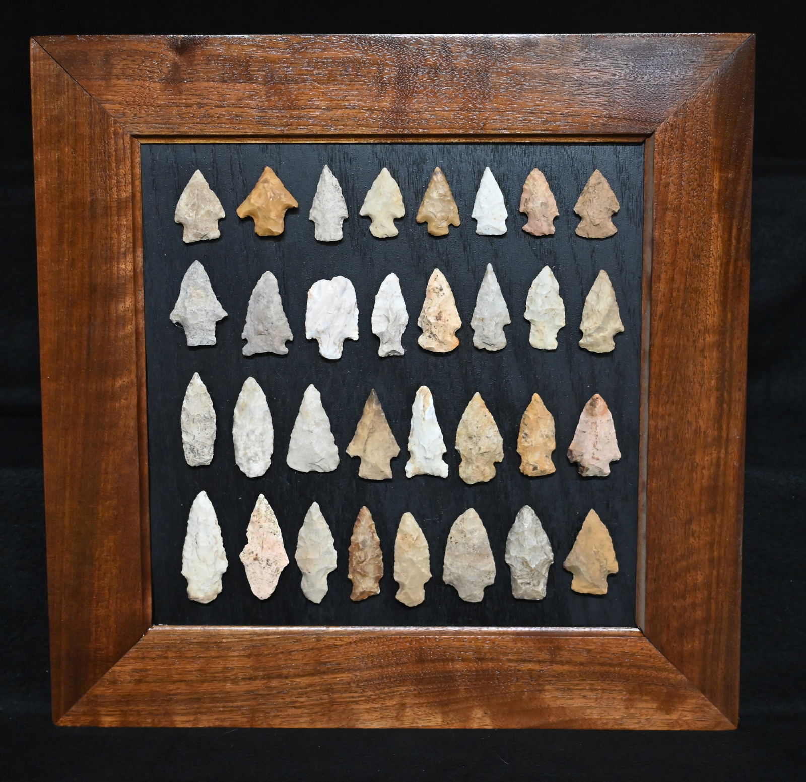 32 Arrowheads Found in The Midwest Glued to a nice 17" x 17" Walnut Frame.  Longest arrowhead is 2 (1 of 5)