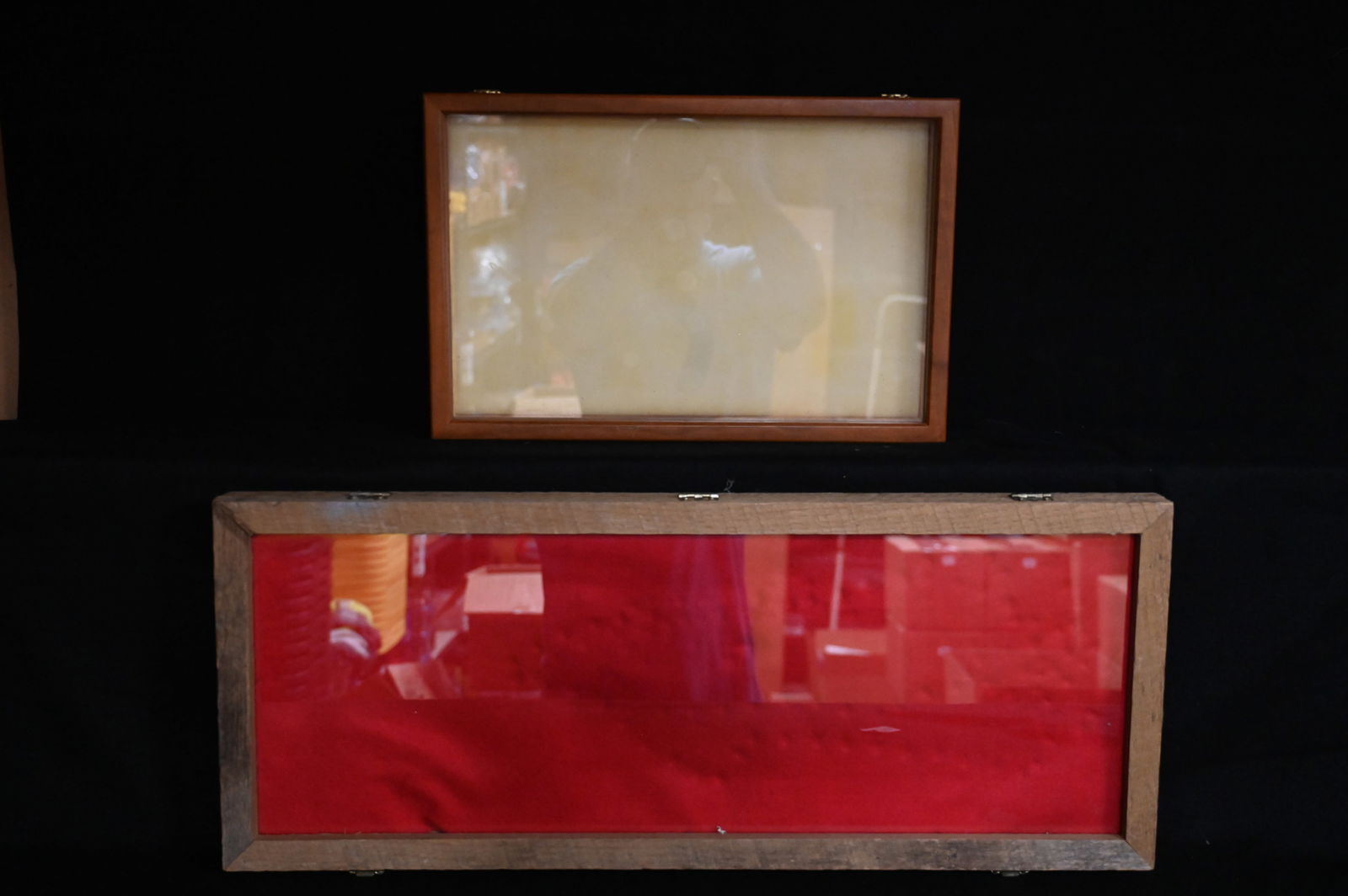 2 Wood Display Cases Oak 12" x 30" and Cherry 12" x 18".  The Cherry Case is missing the latches. (1 of 6)