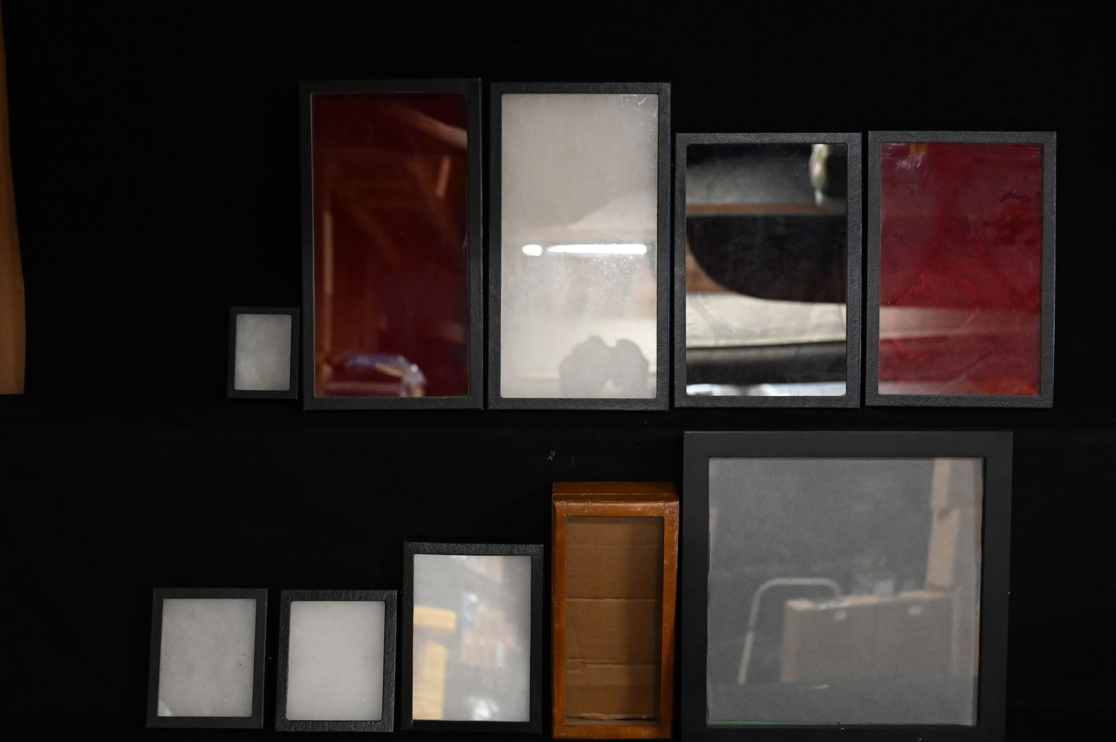 9 Riker Display Cases Mixed Group Measuring 14" x 14" down to 3 1/4" x 4 1/2". (1 of 5)