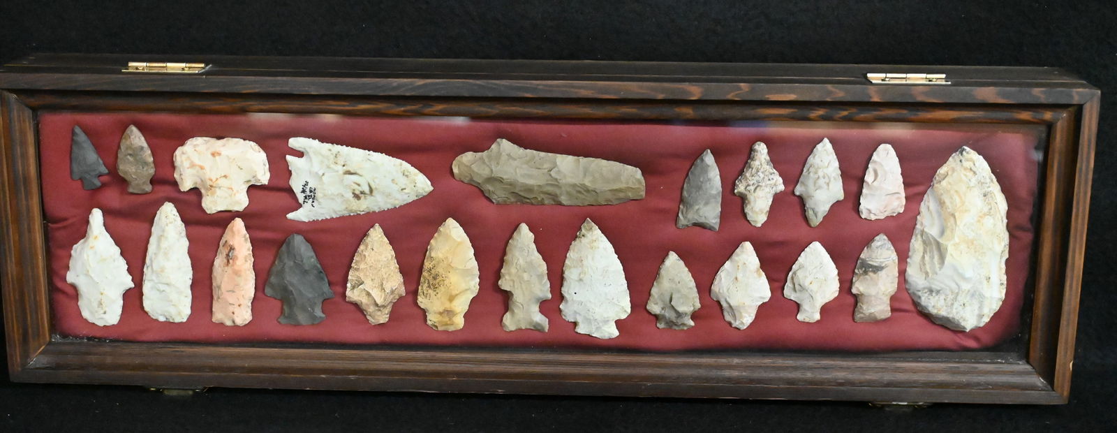 22 Arrowheads Found in Lee Co. Iowa Displayed in a Wood 6" x 20" Frame.  The longest arrowhead is 3 (1 of 6)