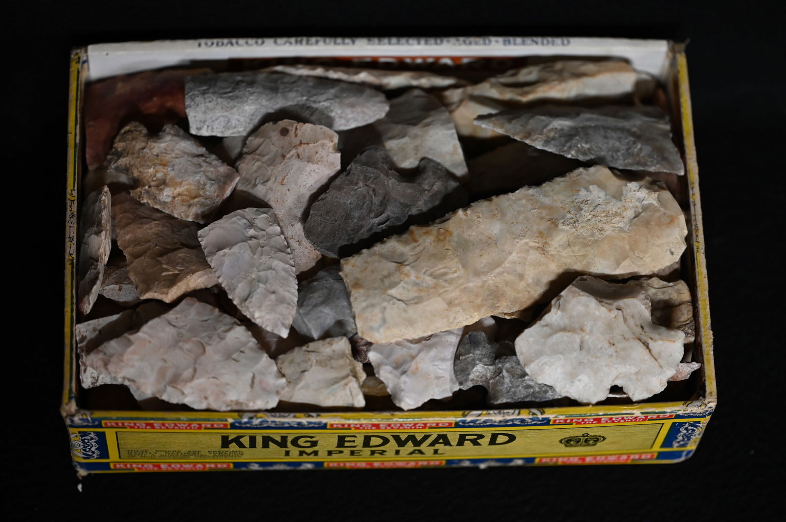 Cigar Box Full of Flint Celts, Adze, Scrapers, and Damaged Arrowheads Found in Lee Co. Iowa. (1 of 5)