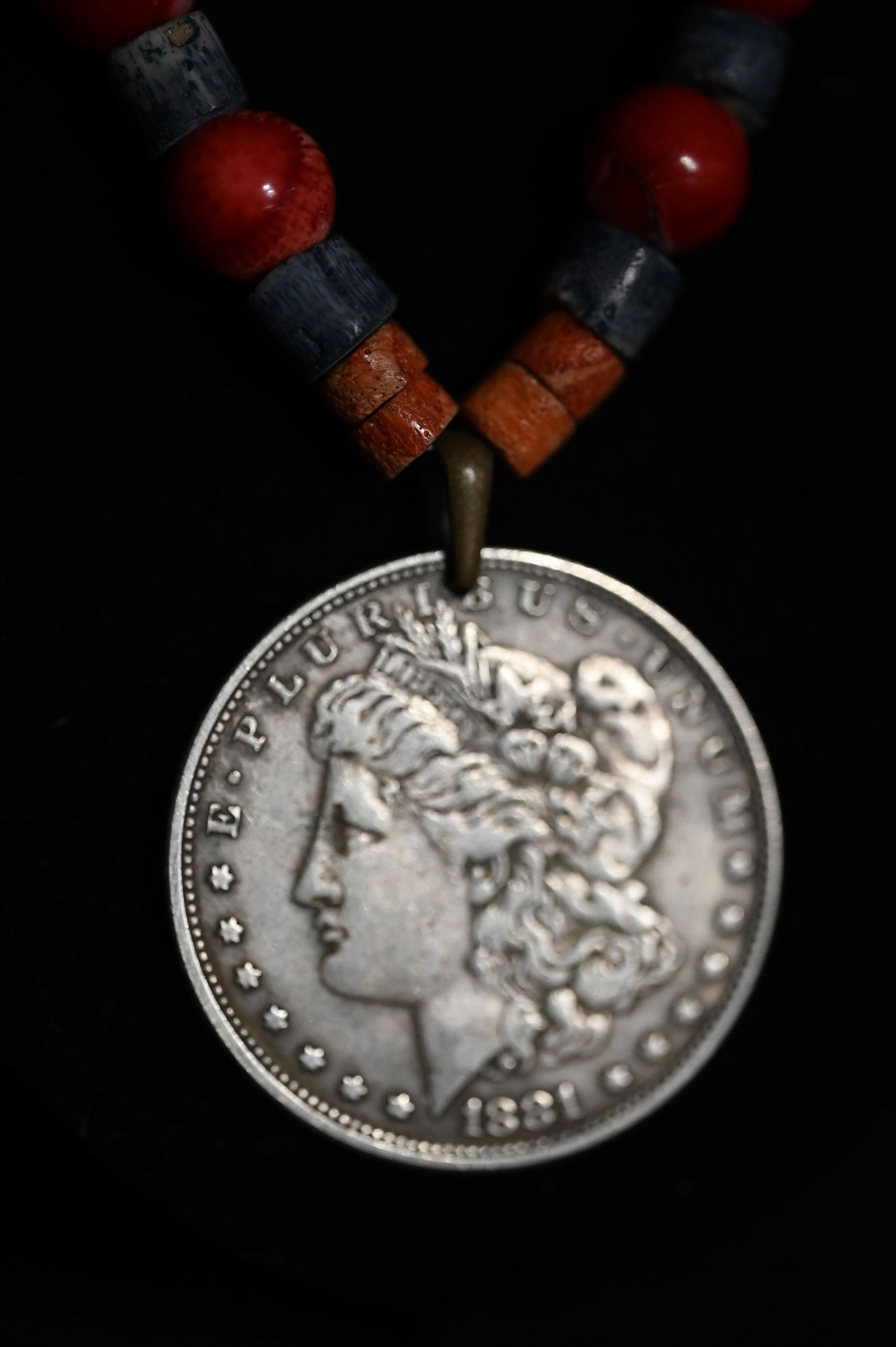 1881 Trade Dollar Beaded Necklace.: 1881 Trade Dollar Beaded Necklace.