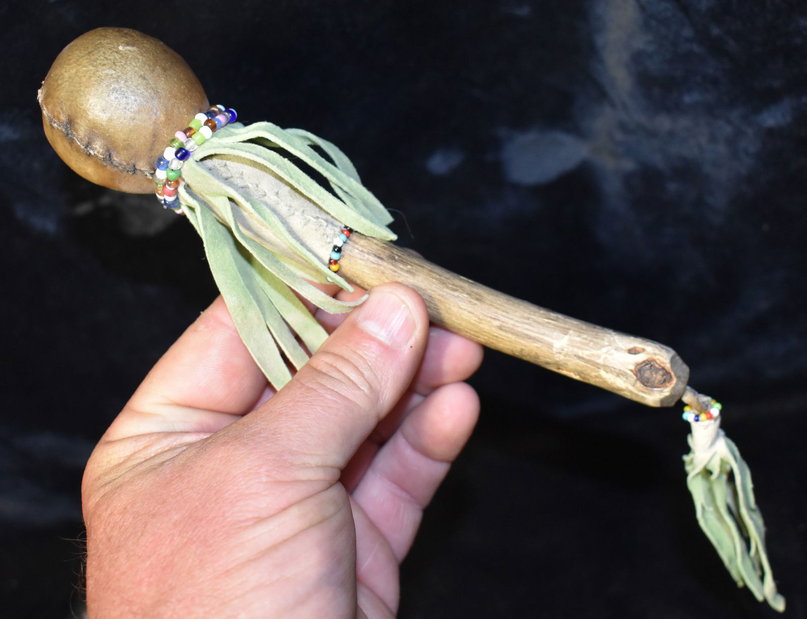 Native American Beaded Leather Gourd and Wood Dance Rattle (1 of 5)