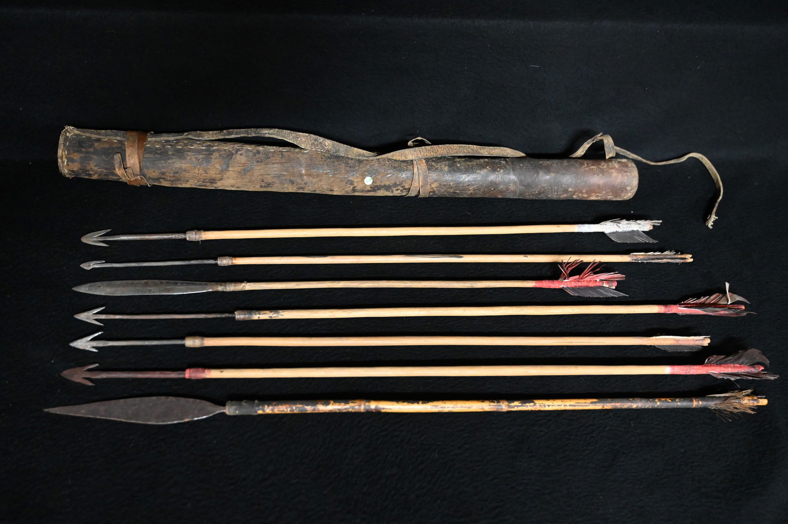 Quiver and 7 Arrows From West Africa.  Quiver is made out of hide.  The arrows are wood with metal (1 of 9)