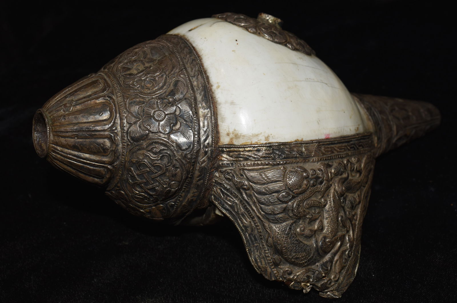 19th Century or Older Tibetan Sterling Silver Ritual Conch Shell Sankha - 8 1/2" (1 of 9)