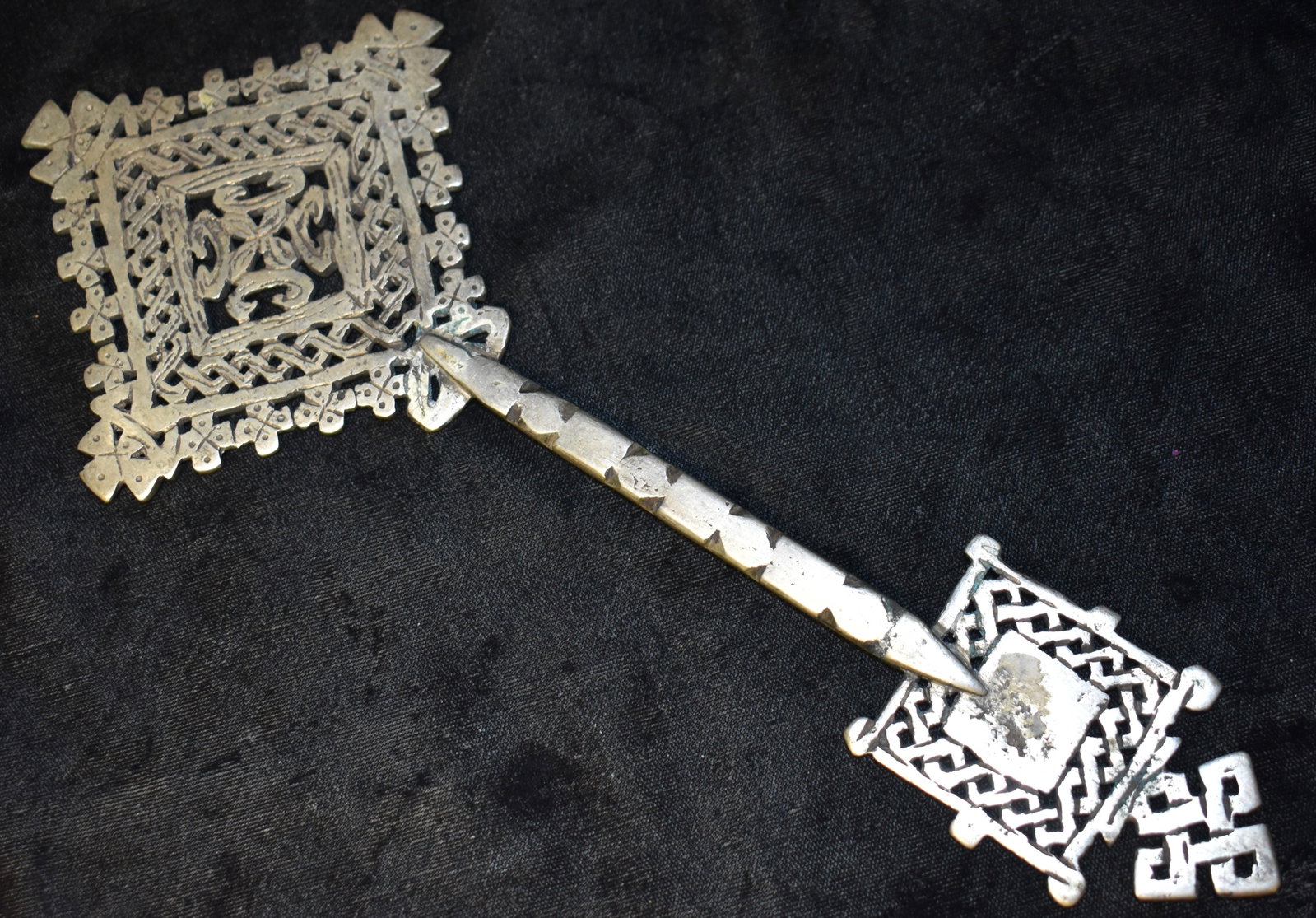 19th Century Silver Old Ethiopian Hand Held Processional Coptic Cross - 10 7/8": 19th Century Silver Old Ethiopian Hand Held Processional Coptic Cross. Excellent condition. Dwarfed by the previous lot this is still a nice sized Coptic Cross measuring over 11" tall and weighing 209