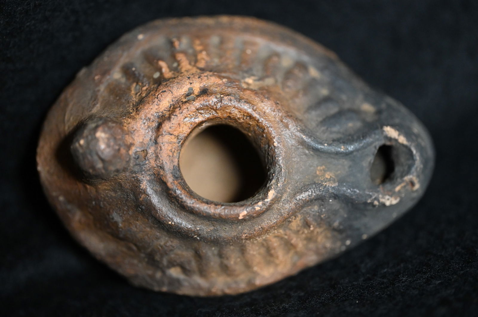 Holy Land Terracotta Oil Lamp Circa 500-700 AD.: Ancient Roman Fired Clay Terracotta Oil Lamp from the Brzantine Era. Used as the main source of light for thousands of years the oil lamp was a very important inventions that was only slightly modifie