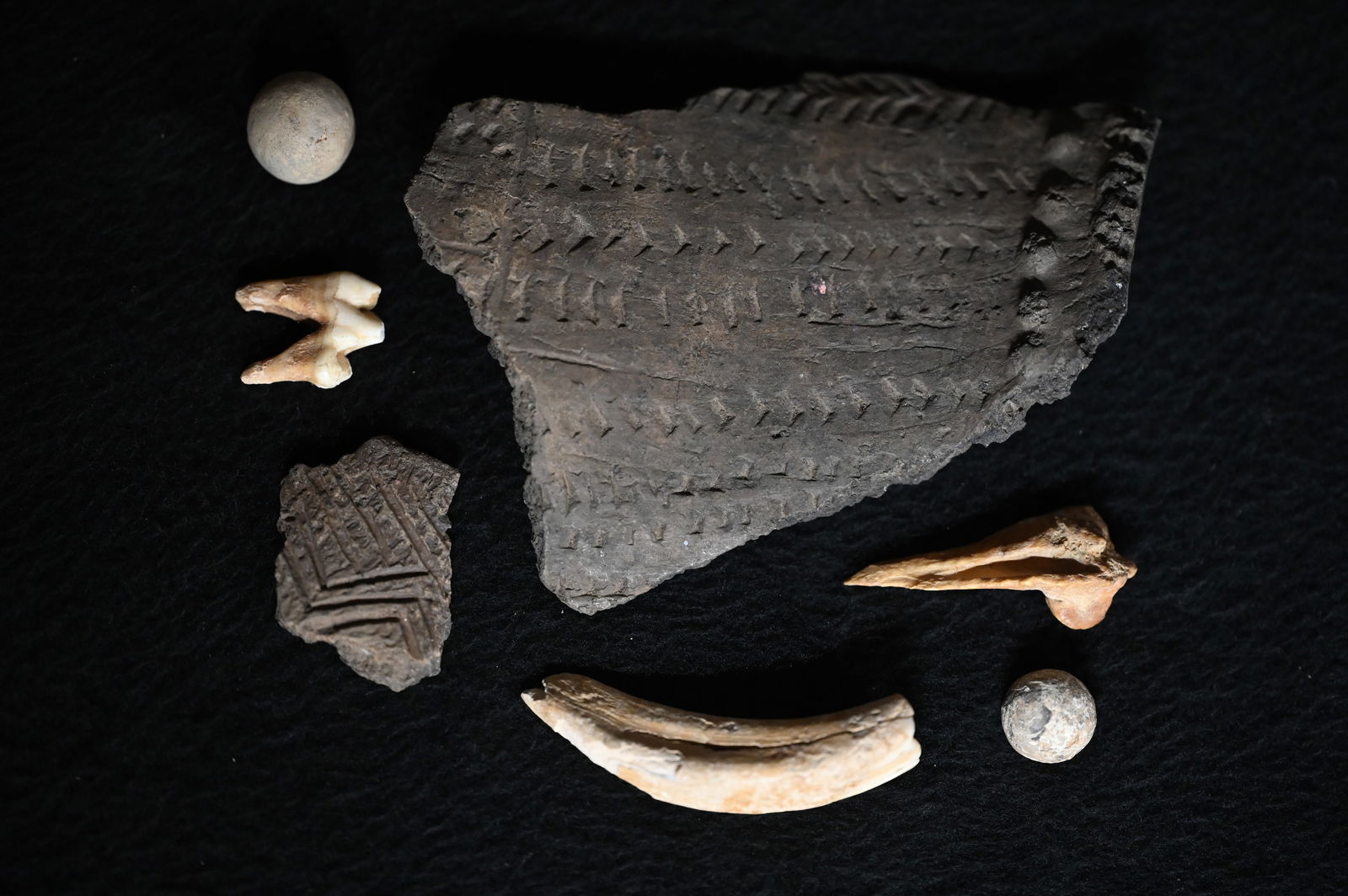 Group of Artifacts Found in Lee Co. Iowa. Includes Pottery Shards, Teetc, Marbles, and Bone Tools.: Group of Artifacts Found in Lee Co. Iowa. Includes Pottery Shards, Teetc, Marbles, and Bone Tools.