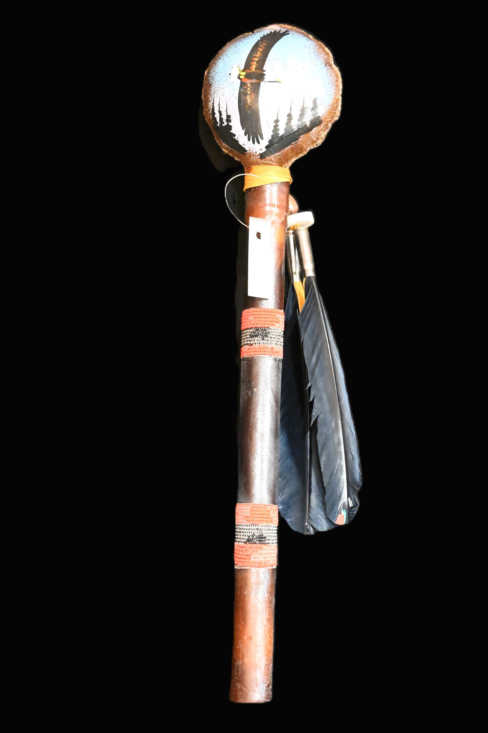 19" Dance Rattle Native American Made with Hand Painted Flying Eagle.  Leather Wrapped and Beaded (1 of 6)