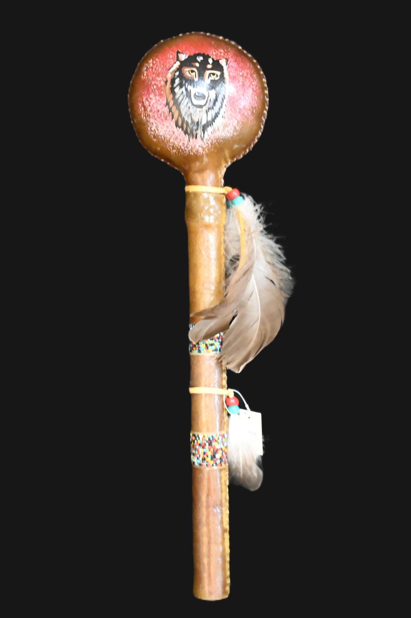 17 1/2" Dance Rattle Native American Made with Hand Painted Wolf.  Leather Wrapped and Beaded Handle (1 of 6)