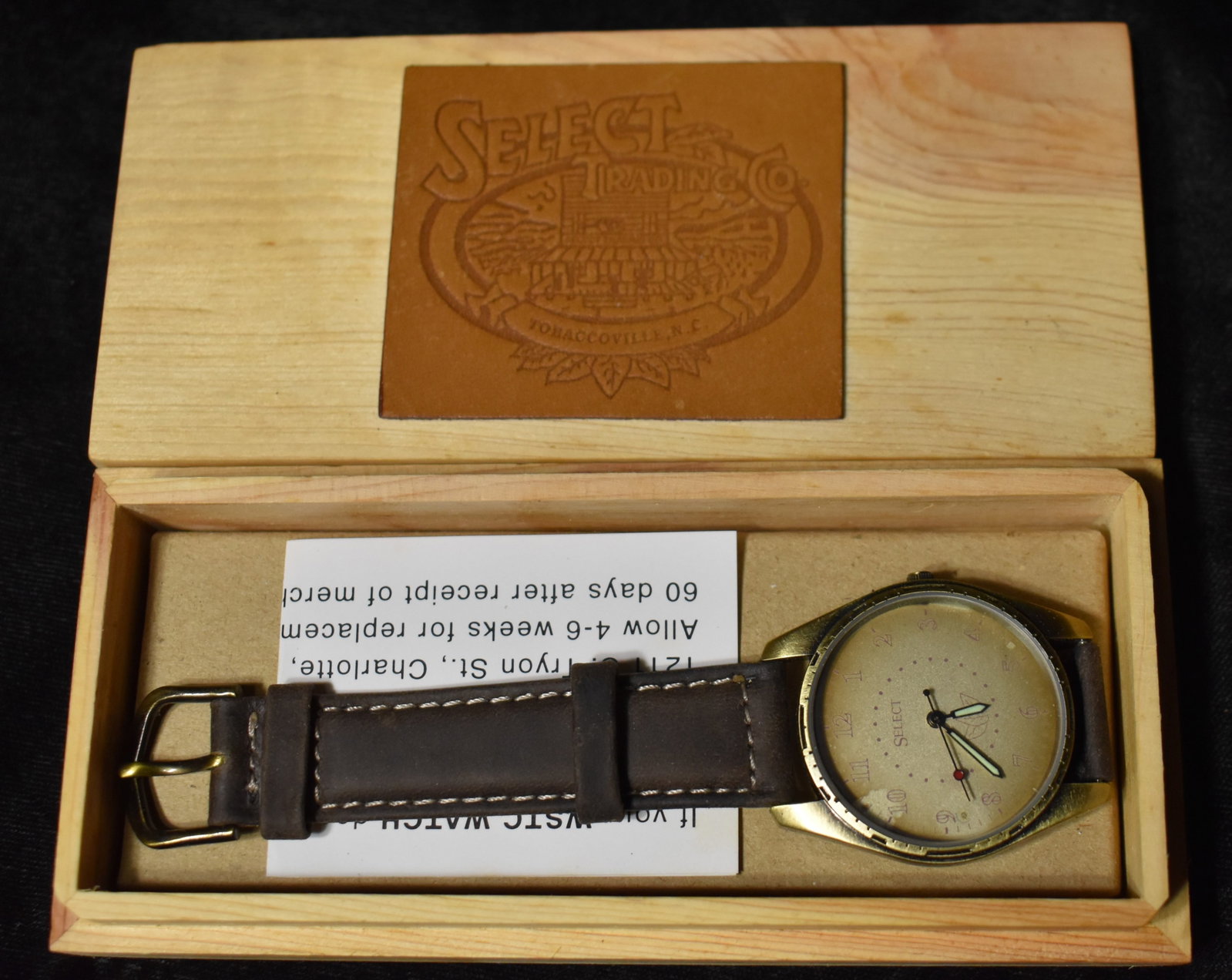 Never Used SELECT WSTC Men's Wrist Watch in its Original Case - 1990's: Never Used SELECT WSTC Wrist Watch in its Original Case - 1990's. Made by Japan Movement. This was likely a ciggerette tab mail in item. Very nice watch with leather wrist straps. Will need a new batt