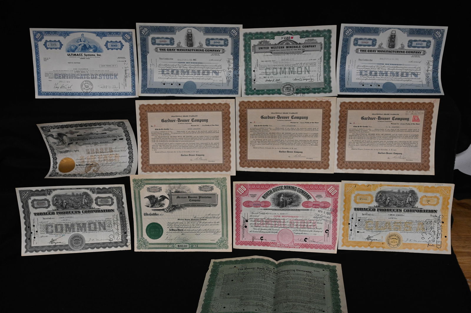 13 Vintage Stock Certificates includes Gardner-Denver, Tobacco Products Corporation, North Butte (1 of 9)