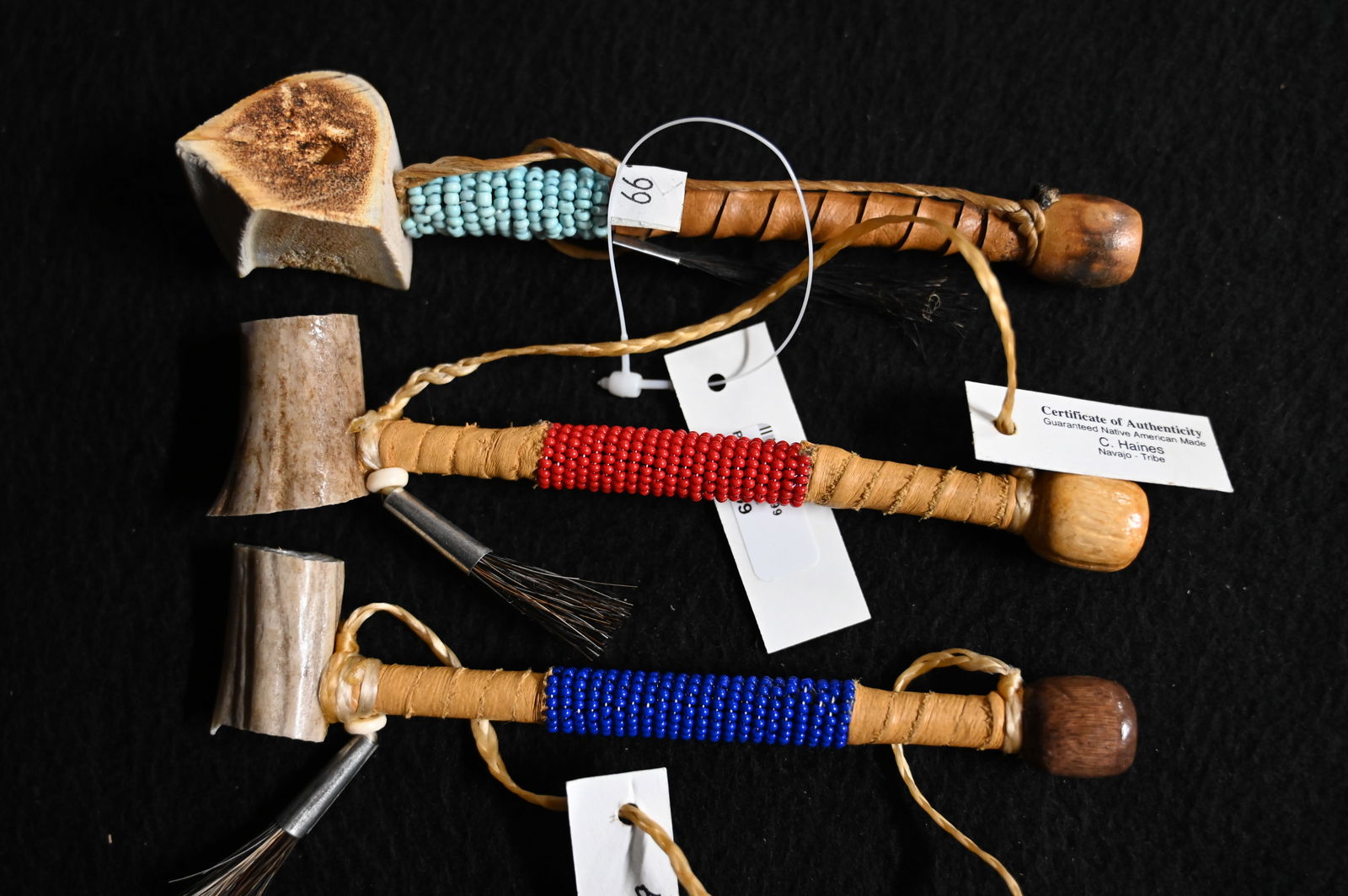 3 Native American Made 6" Pipes with Deer Antler Bowls and Beaded Leather wrapped wood stems Ex: (1 of 5)