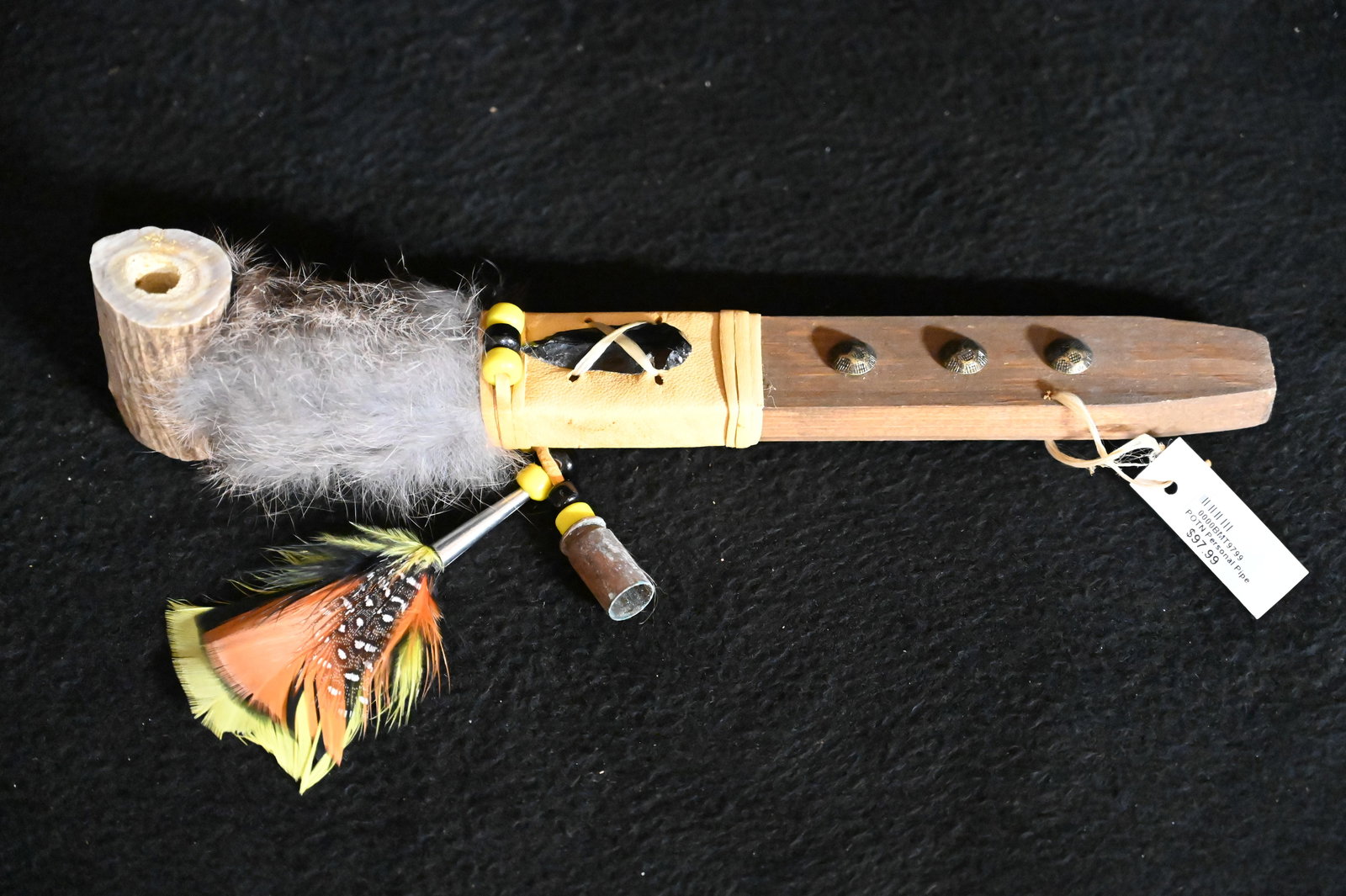 10 3/4" Personal Pipe with Antler Bowl and with a beaded leather wrapped wood Stem with Rabbit Fur. (1 of 5)