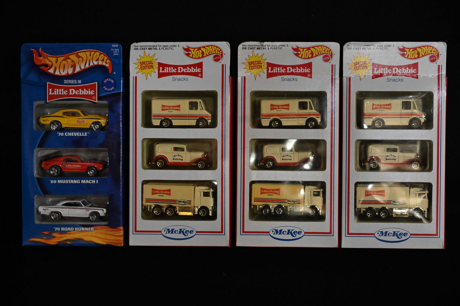 4 Mattel Hot Wheels 3 Car Little Debbie 1994 & 2000 diecast car limited edition packs brand new in (1 of 4)