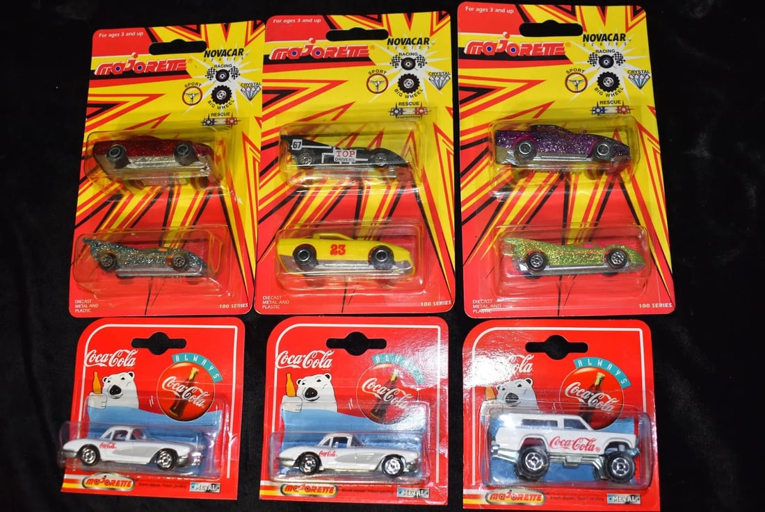 9 Vintage Majorette Diecast 1:64 Scale Cars - Coca Cola & Novacar Series 1990's (1 of 3)