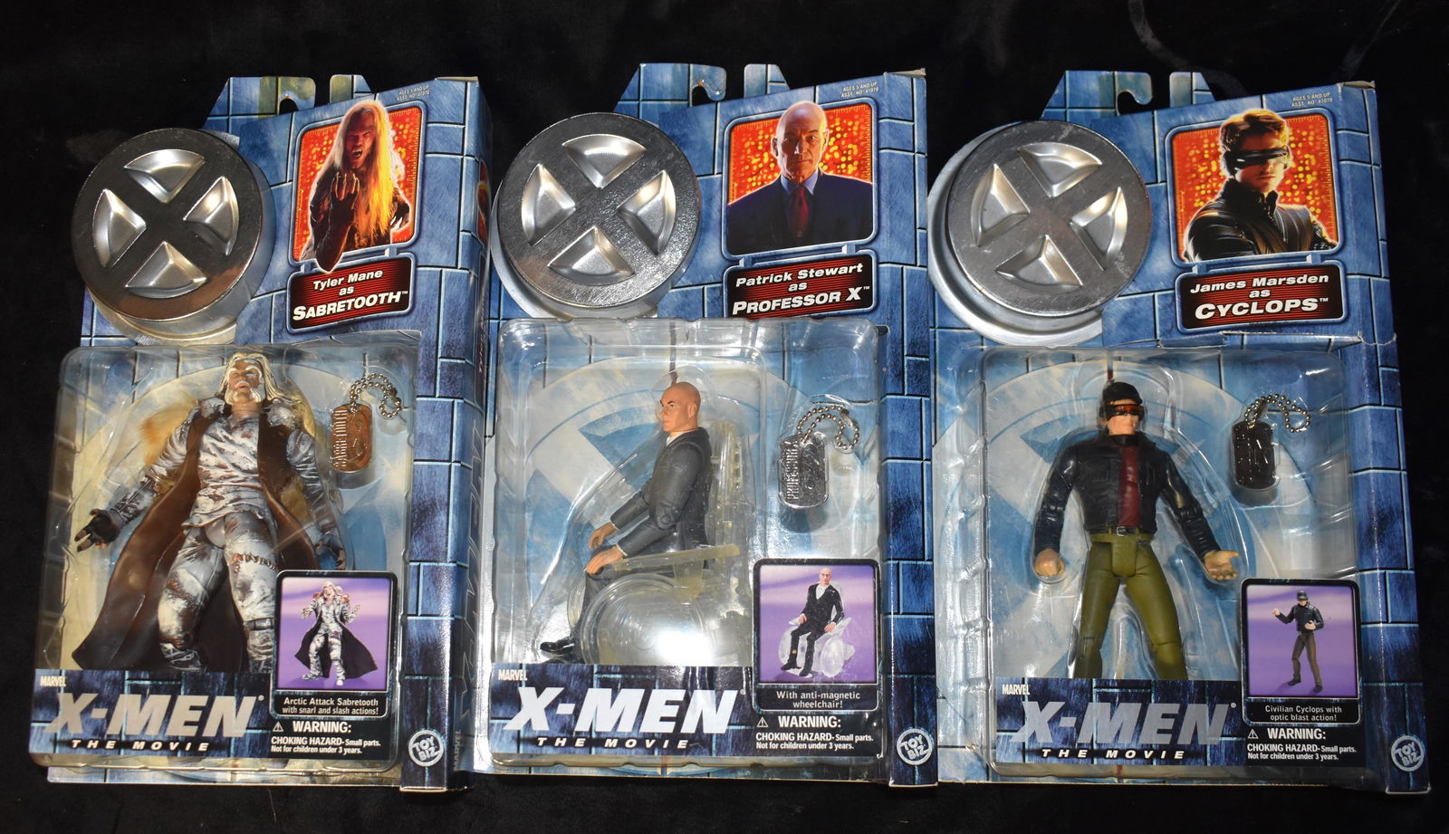Vintage X-Men The Movie Professor X, Cyclops & Sabretooth Action Figures by Marvel Comics Toybiz: Vintage X-Men The Movie Professor X, Cyclops & Sabretooth Action Figures by Marvel Comics Toybiz 2000. All are new in the box.