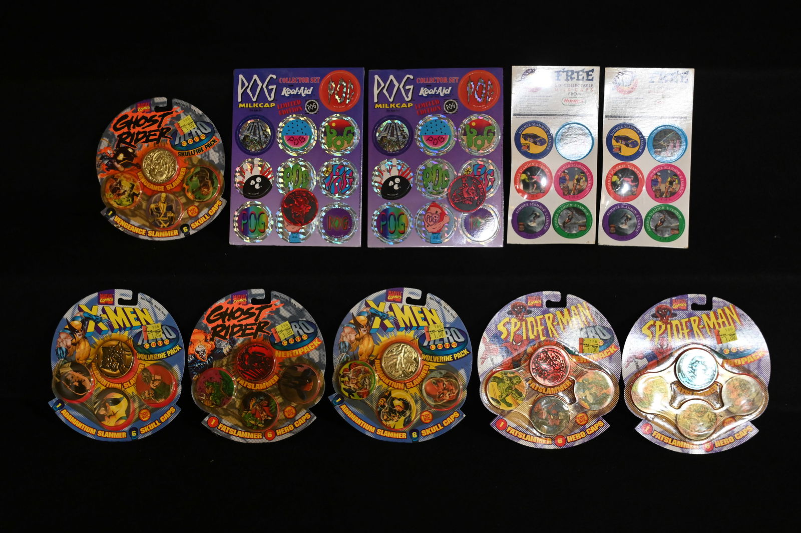 6 X-Men 1995 Skull Caps, 2 Kool-Aid POG Milkcap 1995, and 2 Hormel Foods Summer Slamin and Jamin (1 of 5)