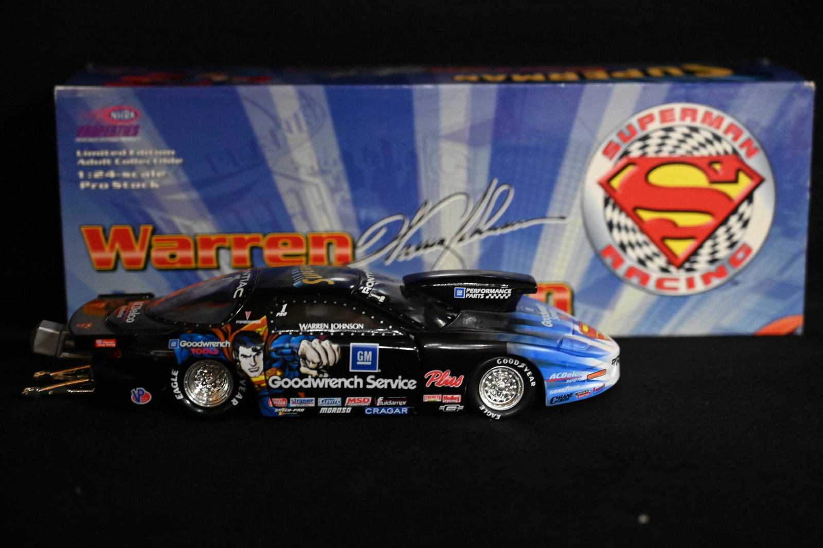 1999 Warren Johnson Goodwrench Service Plus "Superman" NHRA Limited Edition 1/24 Scale Prostock Die: 1999 Warren Johnson Goodwrench Service Plus "Superman" NHRA Limited Edition 1/24 Scale Prostock Die Cast Car.