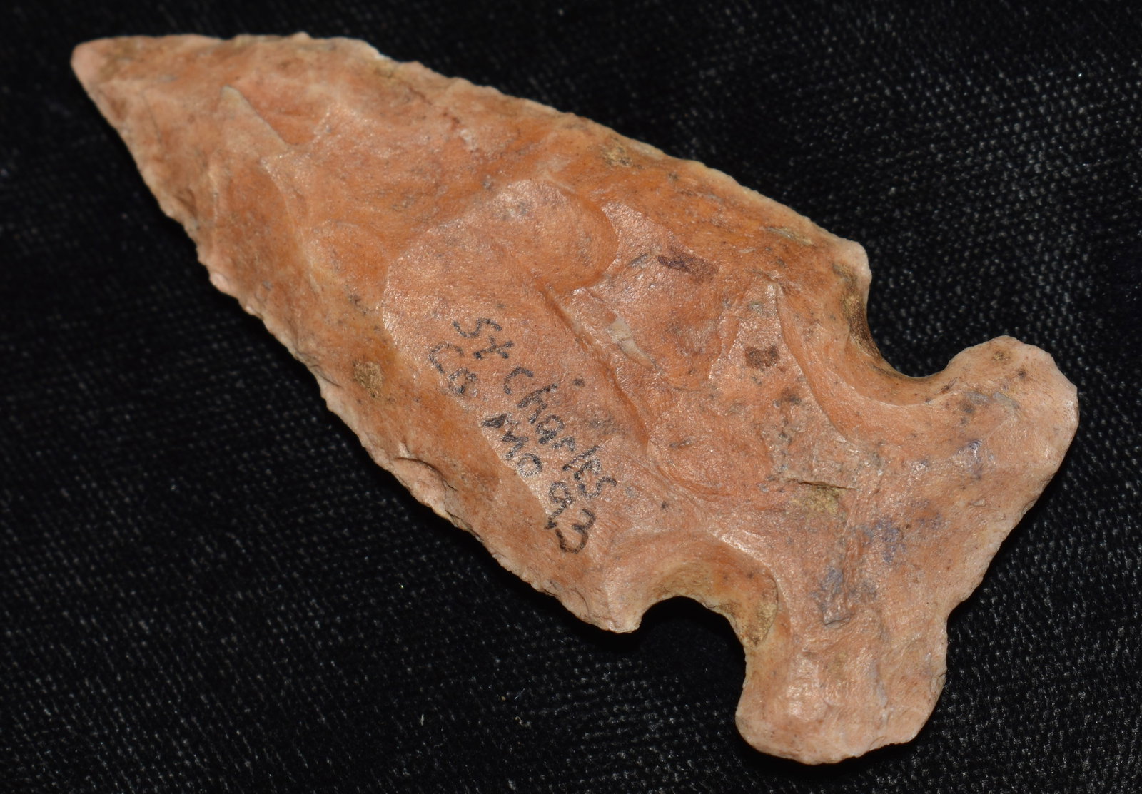 2 7/8" River Patinated Osceola or Large Godar Arrowhead found in St Charles County, Missouri: 2 7/8" Osceola or Large Godar Arrowhead found in St Charles County, Missouri. Exhibits correct manufacture and excellent creek patination. Ex Tim Patrick Collection. Key words: Ancient, Prehistoric Na
