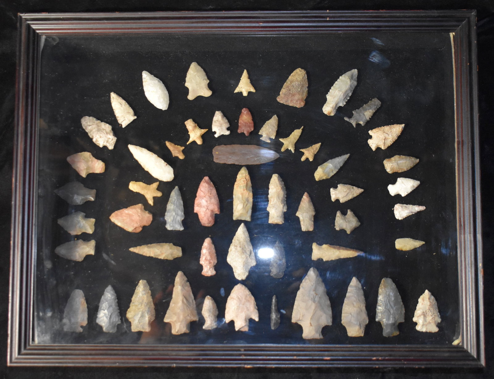 Shadow Box Frame of 50 + Arrowheads found in SW Missouri and Oklahoma: Shadow Box Frame of 50 + Arrowheads found in SW Missouri and Oklahoma. Some of the arrowheads may be from other parts of the country. Many of the bird points look like they are from New Mexico. Sizes 