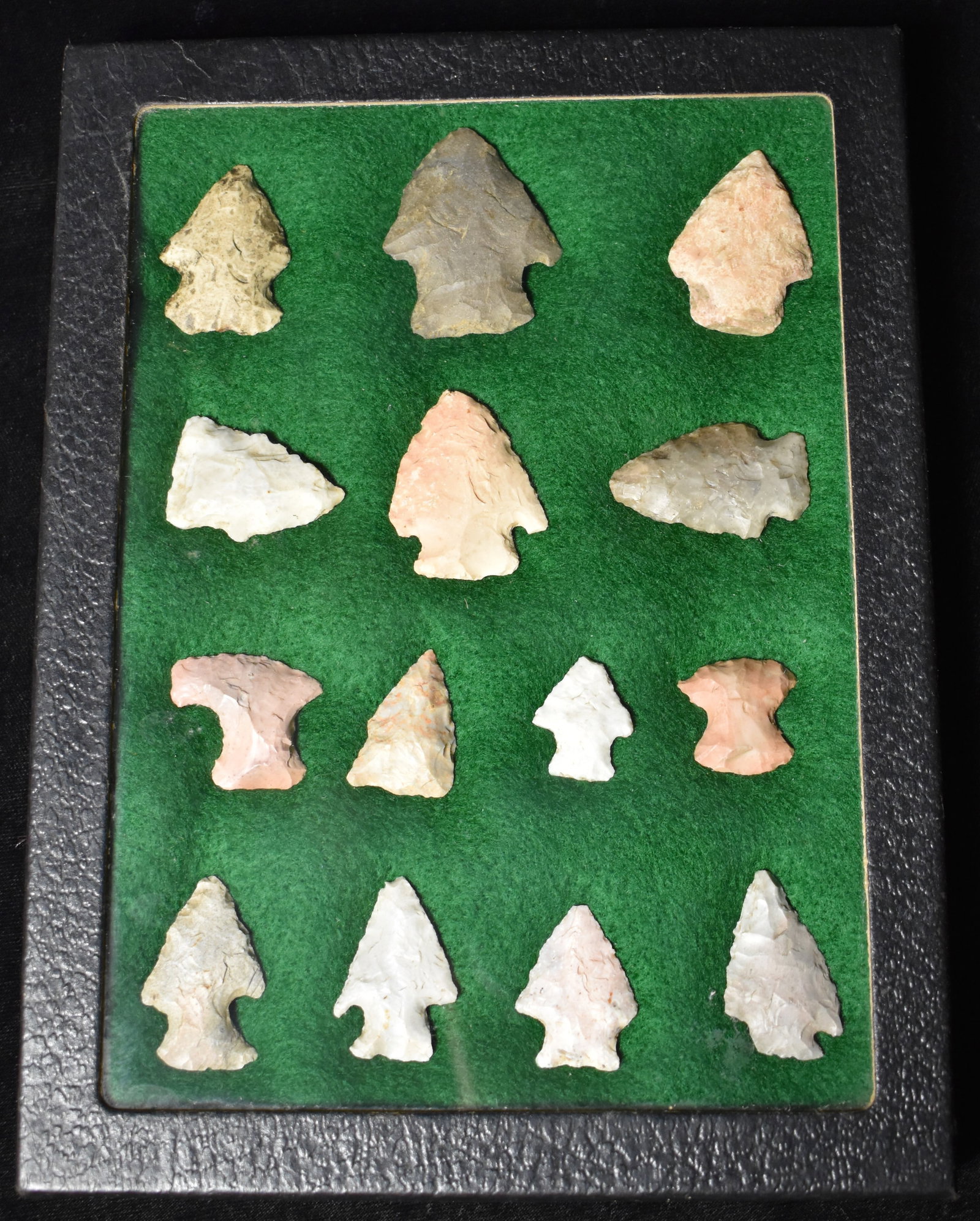 Frame of 14 Arrowheads found in Kansas and Oklahoma: Frame of 14 Arrowheads found in Kansas and Oklahoma. Ex Tim Patrick Collection. Key words: Ancient, Prehistoric Native American Indian Artifacts, Arrowheads, Stone Tools