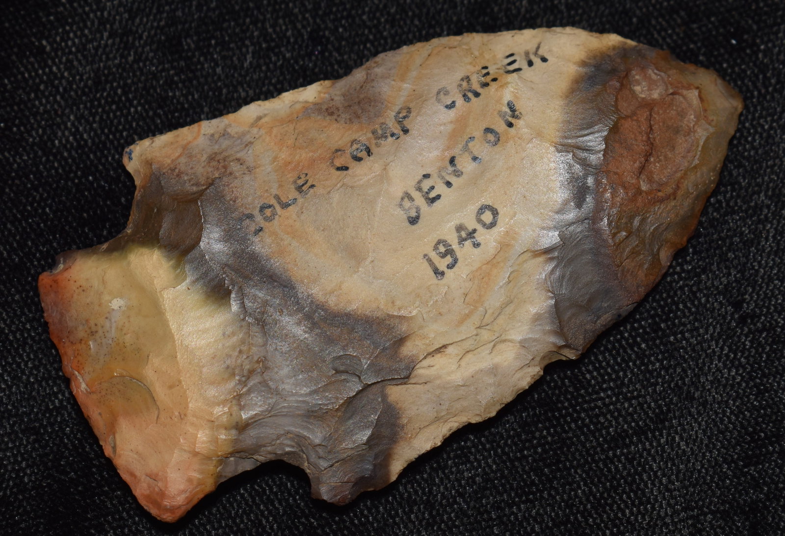 2 3/4" Colorful Mozarkite Etley found in Benton County, Missouri: 2 3/4" Colorful Mozarkite Etley found in Pettis County, Missouri. Nicely made and very colorful etley. Ex George Wolf Collection and Donnie Luetjen Collections.