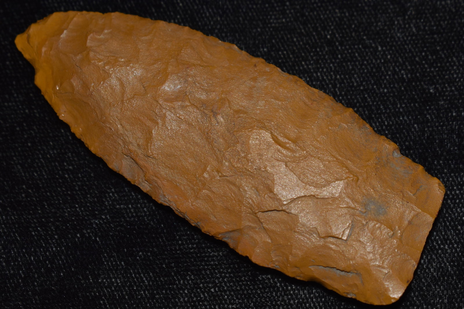 3 1/16" Angostura Made of Brown Jasper found in Wisconsin by Joseph Zehren: 3 1/16" Angostura Made of Brown Jasper found in Wisconsin by Joseph Zehren. Oblique flaked blade most likely an Angostura. Nicely made arrowhead made of Cochran jasper.