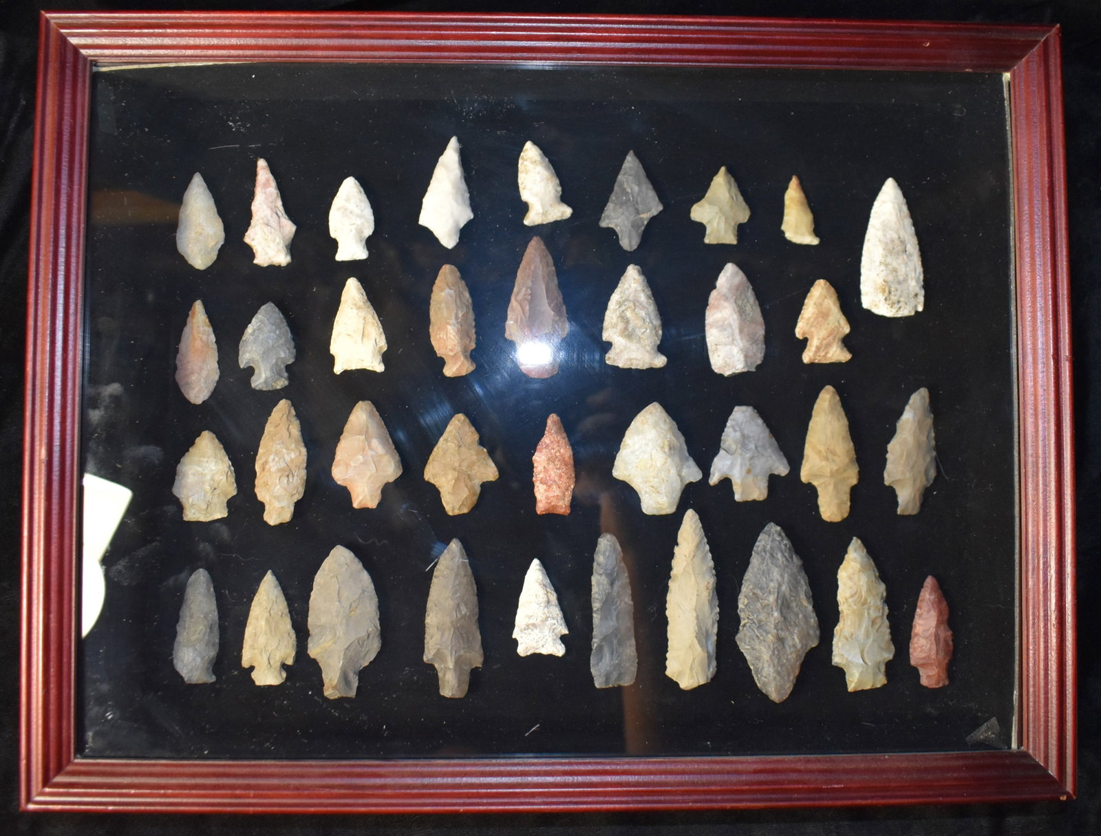 Shadow Box Frame of 35 + Arrowheads found Wisconsin: Shadow Box Frame of 35 + Arrowheads found Wisconsin and adjoining states. Sizes range from 1" to 3 1/4" approximately. Frame is 17 1/4" by 13 1/4" by 3" Ex Joseph Zehren Collection
