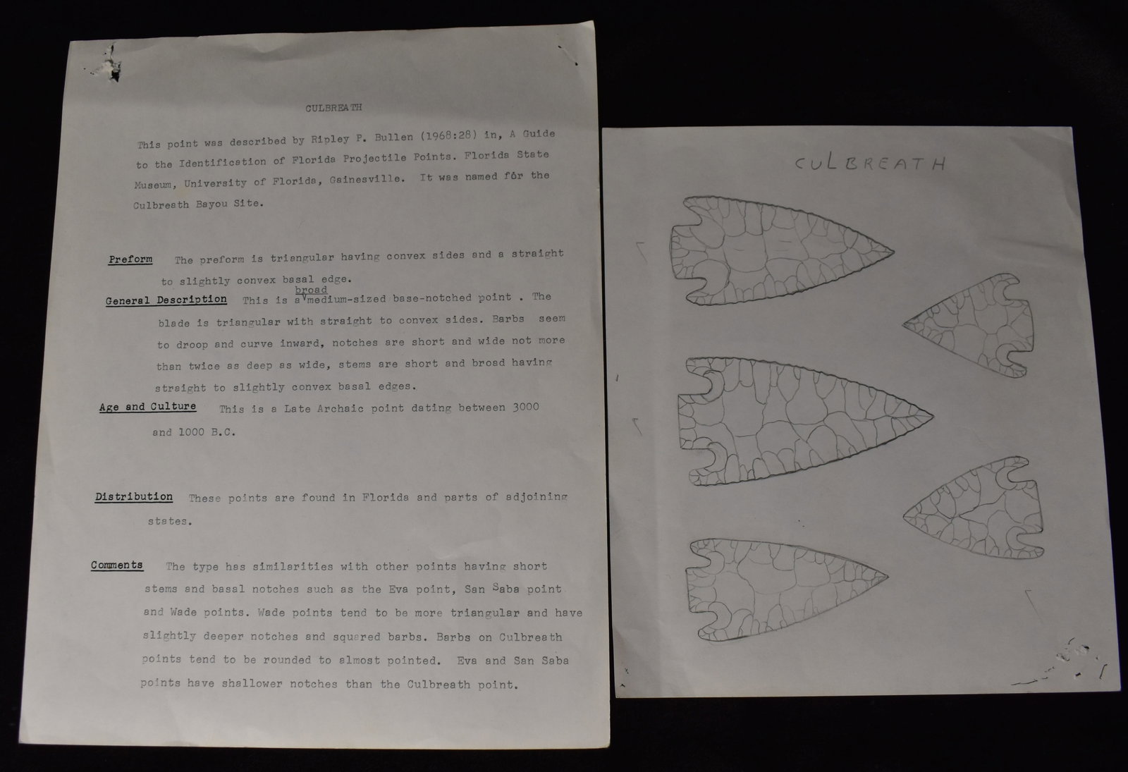 Original Perino Initial Draft Drawings and Description of the Culbreath Arrowhead: This lot includes the original 1st Draft Description typed w/ corrections and a Drawing made by Greg Perino for the book - Selected Preforms, Points, and Knives of the North American Indians. Gregory 