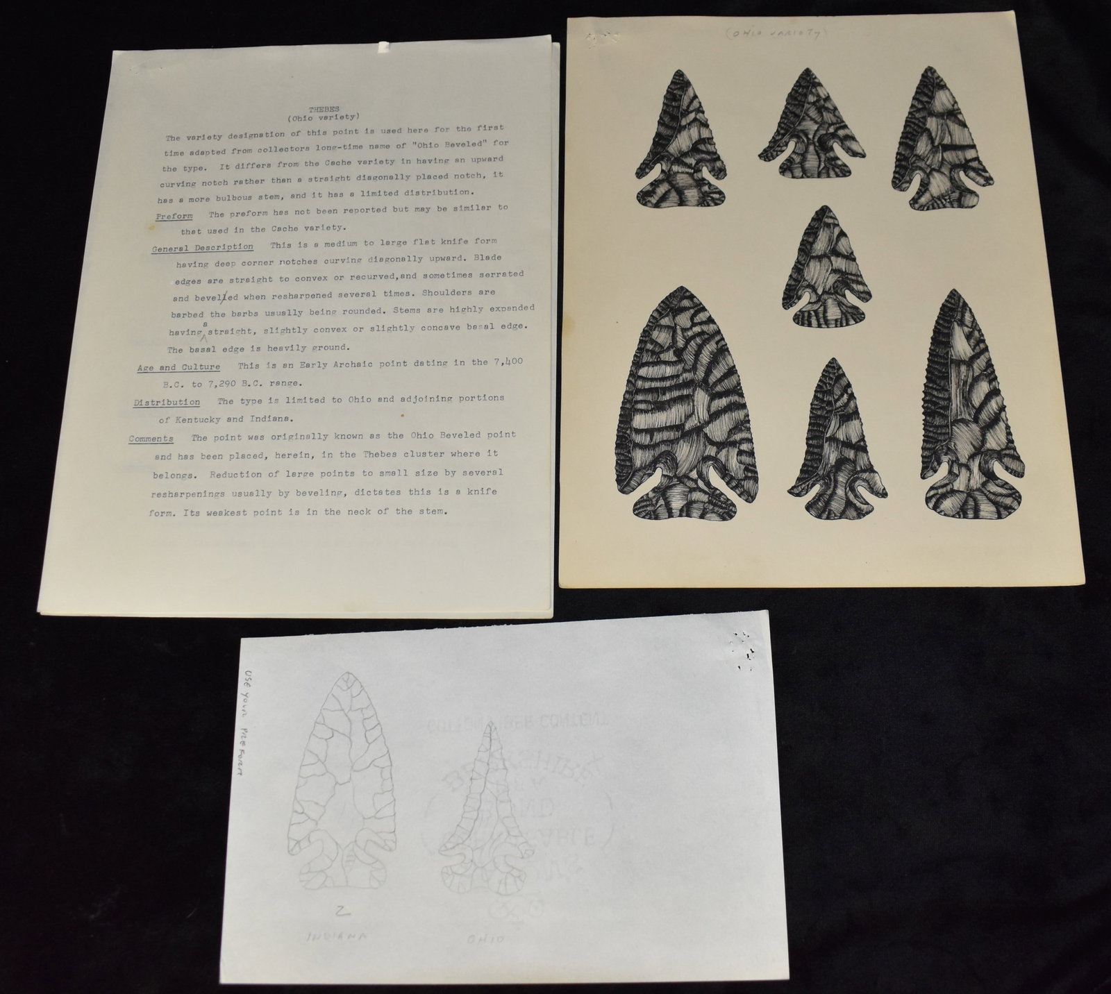 Original Perino Initial Draft Drawings and Description of the Thebes Ohio Variety Arrowhead: This lot includes the original 1st Draft Description, the original plate used for the book and a Drawing of Thebes made by Greg Perino for the book - Selected Preforms, Points, and Knives of the North
