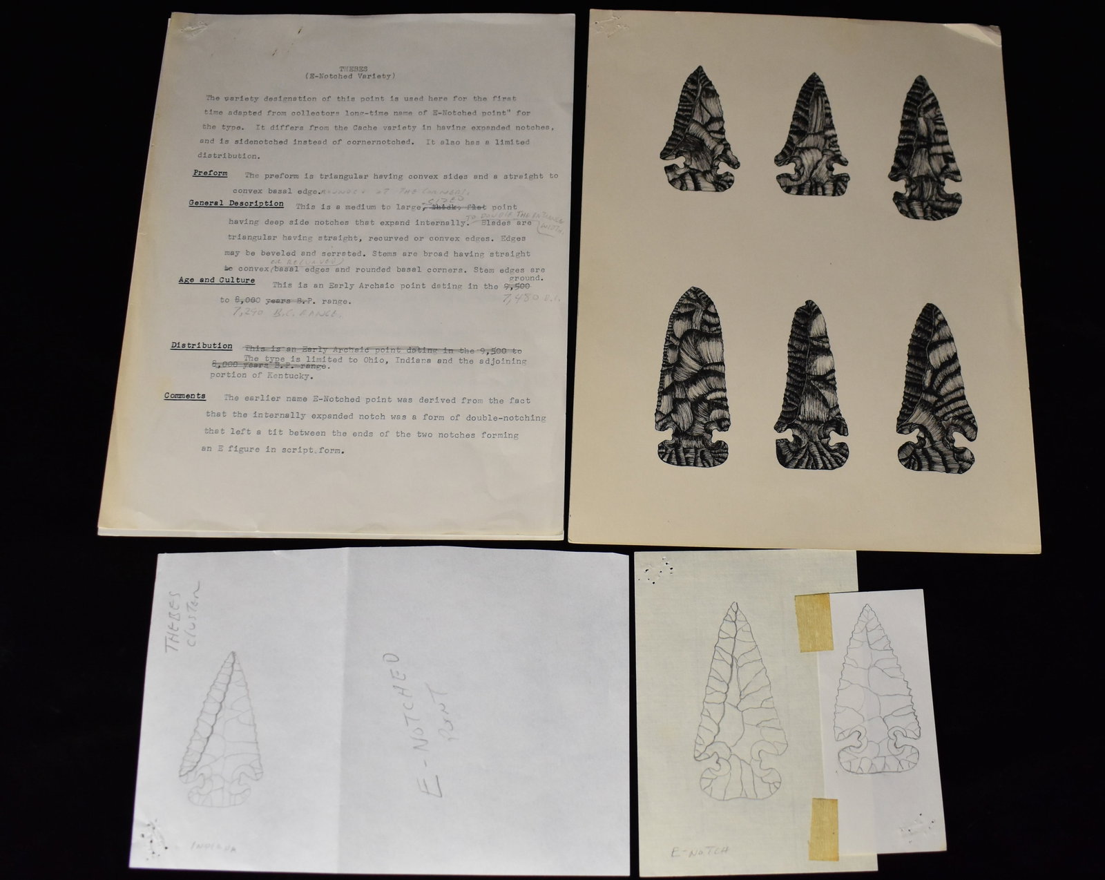 Original Perino Initial Draft Drawings and Description of the Thebes E-Notch Variety Arrowhead: This lot includes the original 1st Draft Description, the original plate used for the book and 2 Drawings of Thebes made by Greg Perino for the book - Selected Preforms, Points, and Knives of the Nort