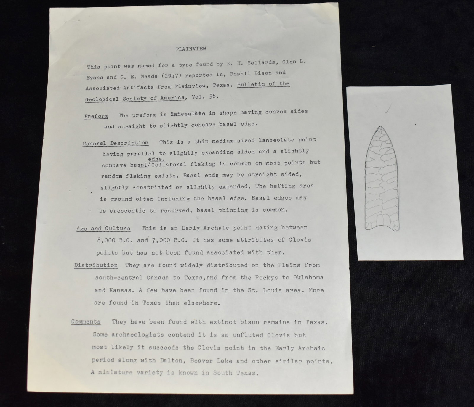 Original Perino Initial Draft Drawings and Description of the Plainview Arrowhead: This lot includes the original 1st Draft Description used for the book and 2 Drawings of Plainview's made by Greg Perino for the book - Selected Preforms, Points, and Knives of the North American Indi