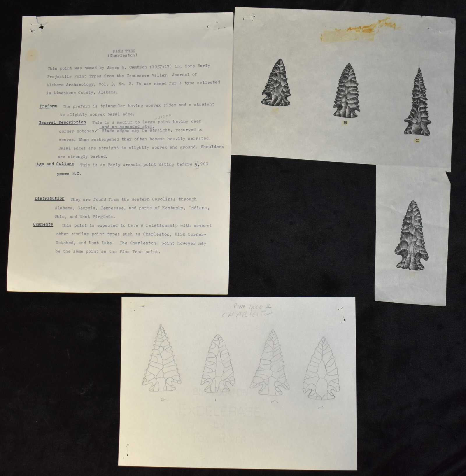 Original Perino Initial Draft Drawings and Description of the Pine Tree Arrowhead: This lot includes the original 1st Draft Description, a plate used for the book and 2 Drawings of Pine Tree Arrowheads made by Greg Perino for the book - Selected Preforms, Points, and Knives of the N