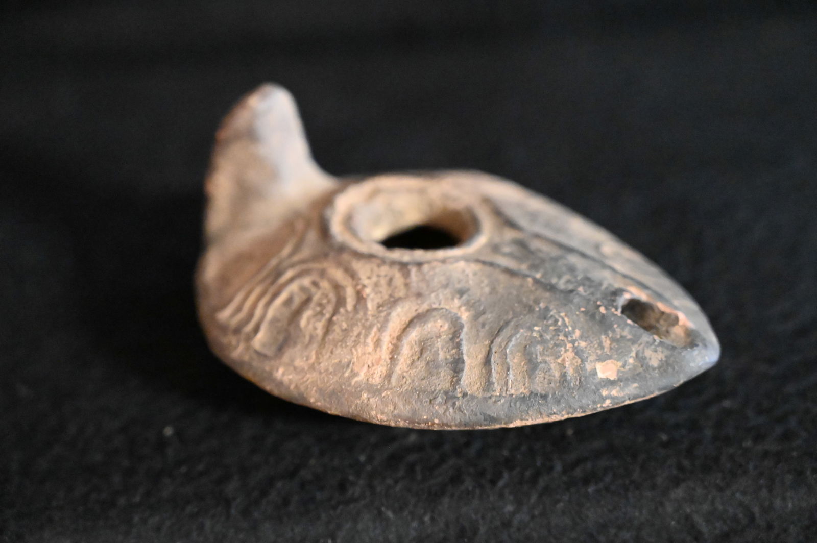 Holy Land Terracotta Oil Lamp Circa 500-700 AD.: Ancient Roman Fired Clay Terracotta Oil Lamp from the Byzantine Era. Used as the main source of light for thousands of years the oil lamp was a very important inventions that was only slightly modifie