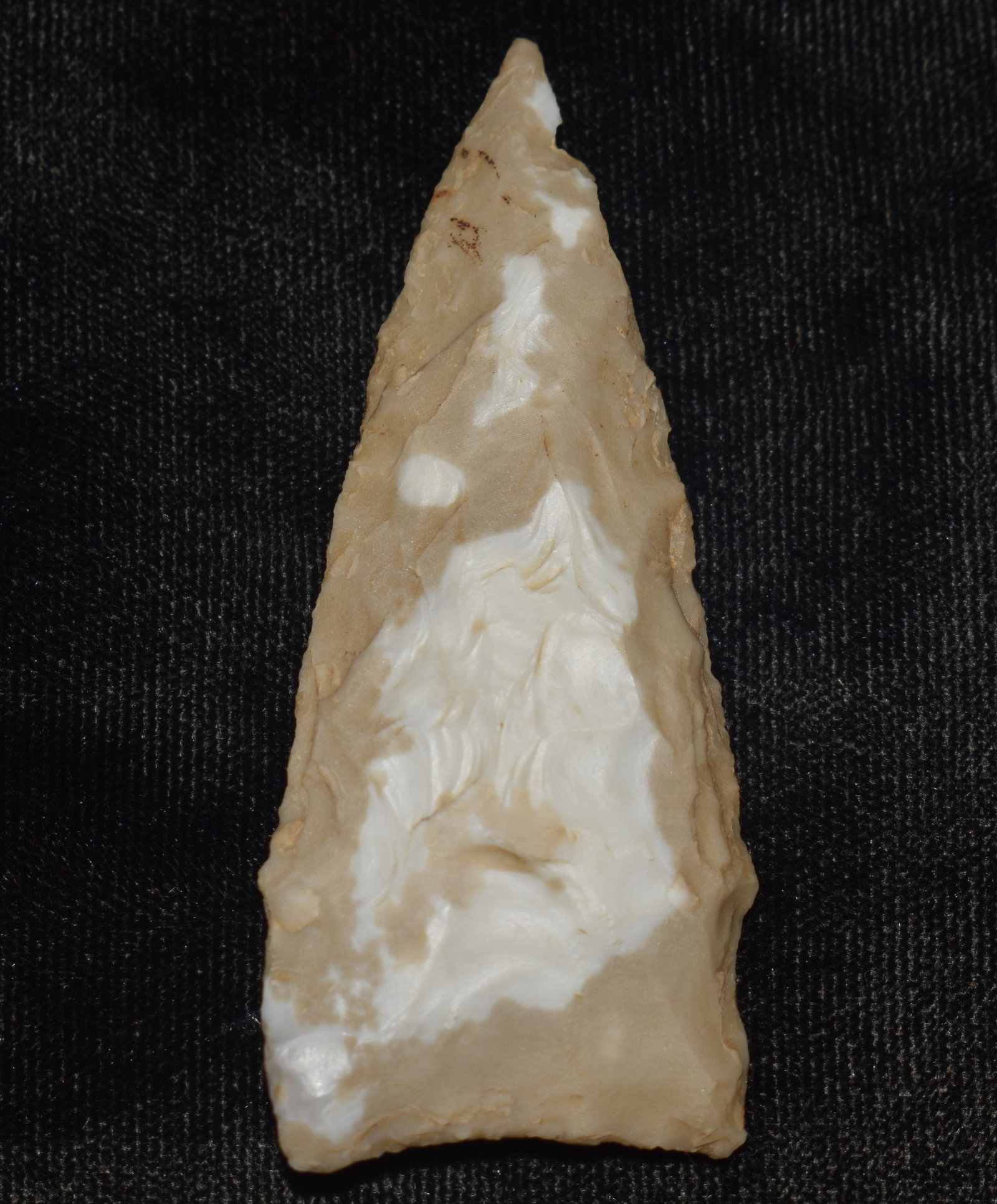 2 5/8" Meserve found in Johnson County, Missouri: 2 5/8" Meserve found in Johnson County, Missouri. May also be a Dalton variant. Made of a chert that is found in the Mozarkite formation. Ex Tim Patrick Collection.