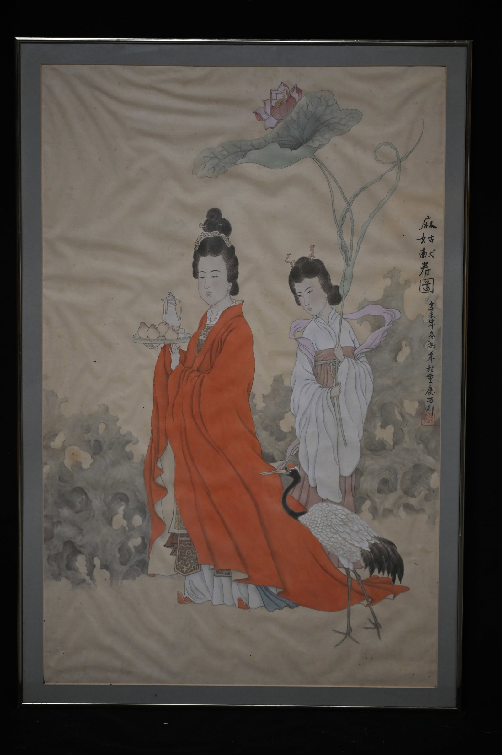 Mid-Century Chinese Watercolor on Silk Tapestry Painting of Magu's Birthday Presentation. Li: Mid-Century Chinese Watercolor on Silk Tapestry Painting of Magu's Birthday Presentation. Li Yongnian Presented the two statues to Chongqing in winter. Frame measures 22 3/4" x 34".