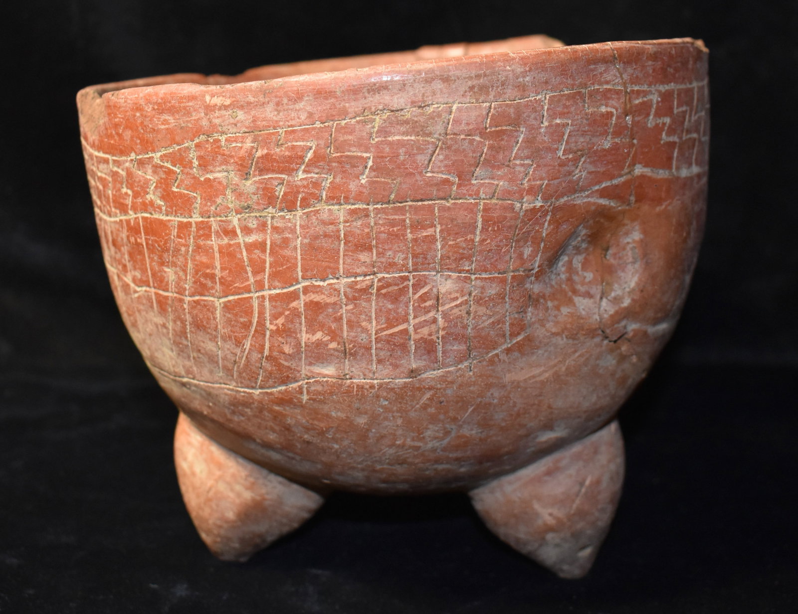 Pre-Columbian Mayan Incised Polychrome Tripod Rattle Pot Pottery Vessel: Pre-Columbian Mayan Incised Polychrome Tripod Rattle Pot Pottery Vessel. Ornately made with three legs and incisions patterned in Mayan form. Some incisions inside the bowl as well. Worth noting there