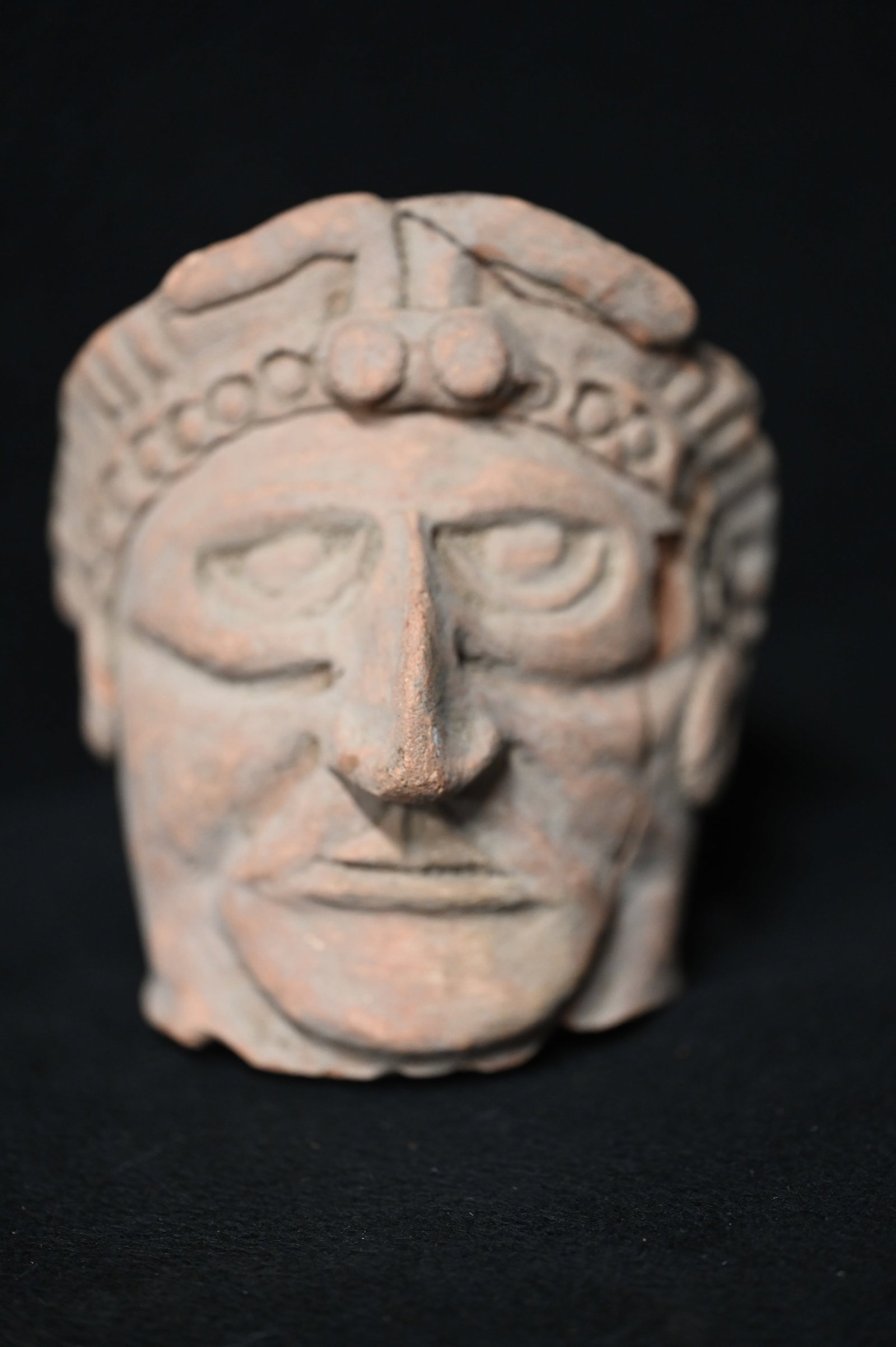 Pre-Columbian Large 5 1/4" Head Figure. Would have been a human figure with legs, arms, and a body: Pre-Columbian Large 5 1/4" Head Figure. Would have been a human figure with legs, arms, and a body but was damaged many years ago. Has one side by the ear glued back together. Ex: Tom Moxley Collectio