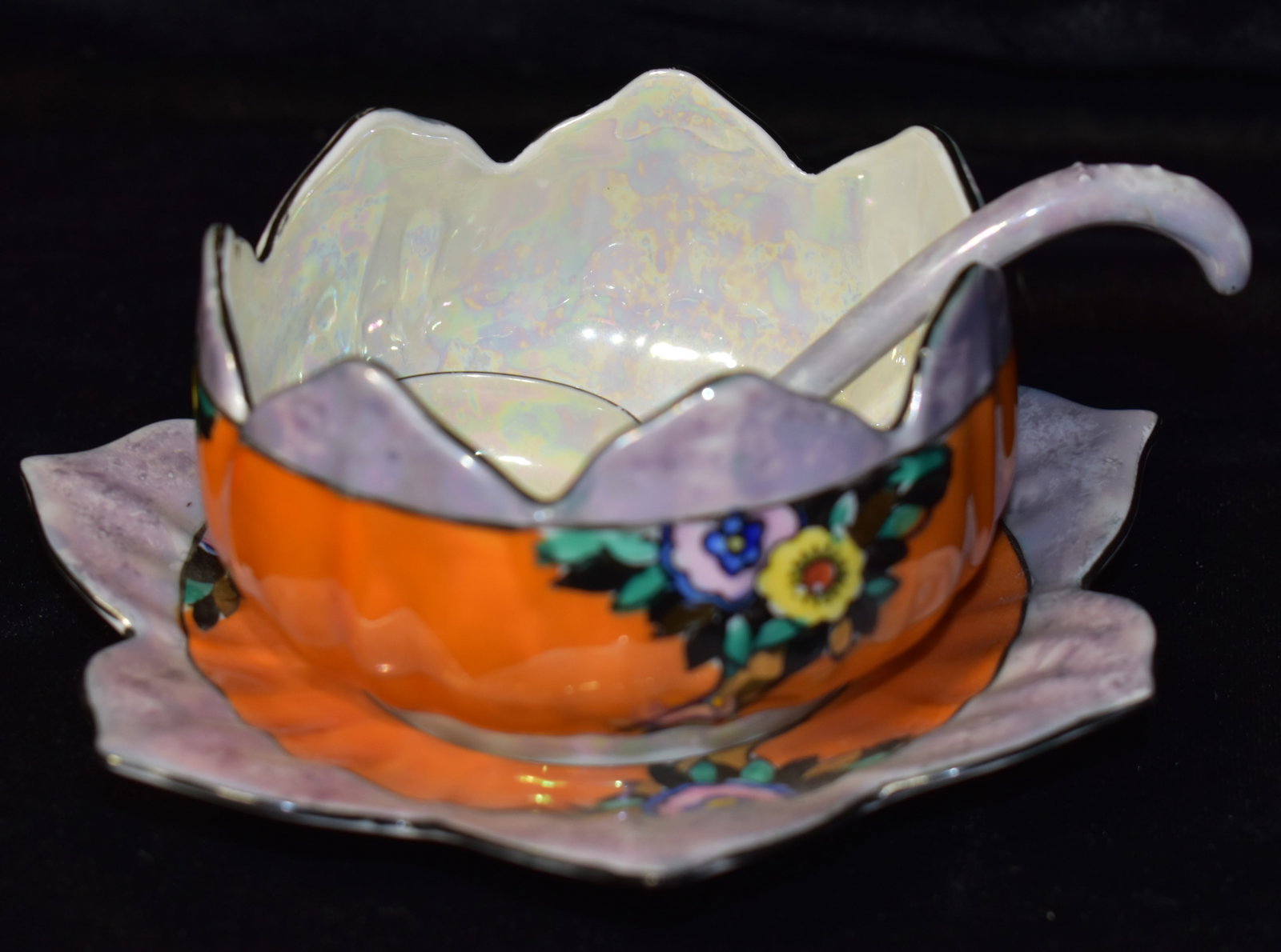 Noritake Lusterware 1930's Lotus Bowl: Vintage Lusterware Condiment Set - Made in Japan. Noritake Lusterware Lotus Bowls from the 1930's are highly valued for their beautiful, iridescent glaze and intricate designs. Excellent condition. Ma